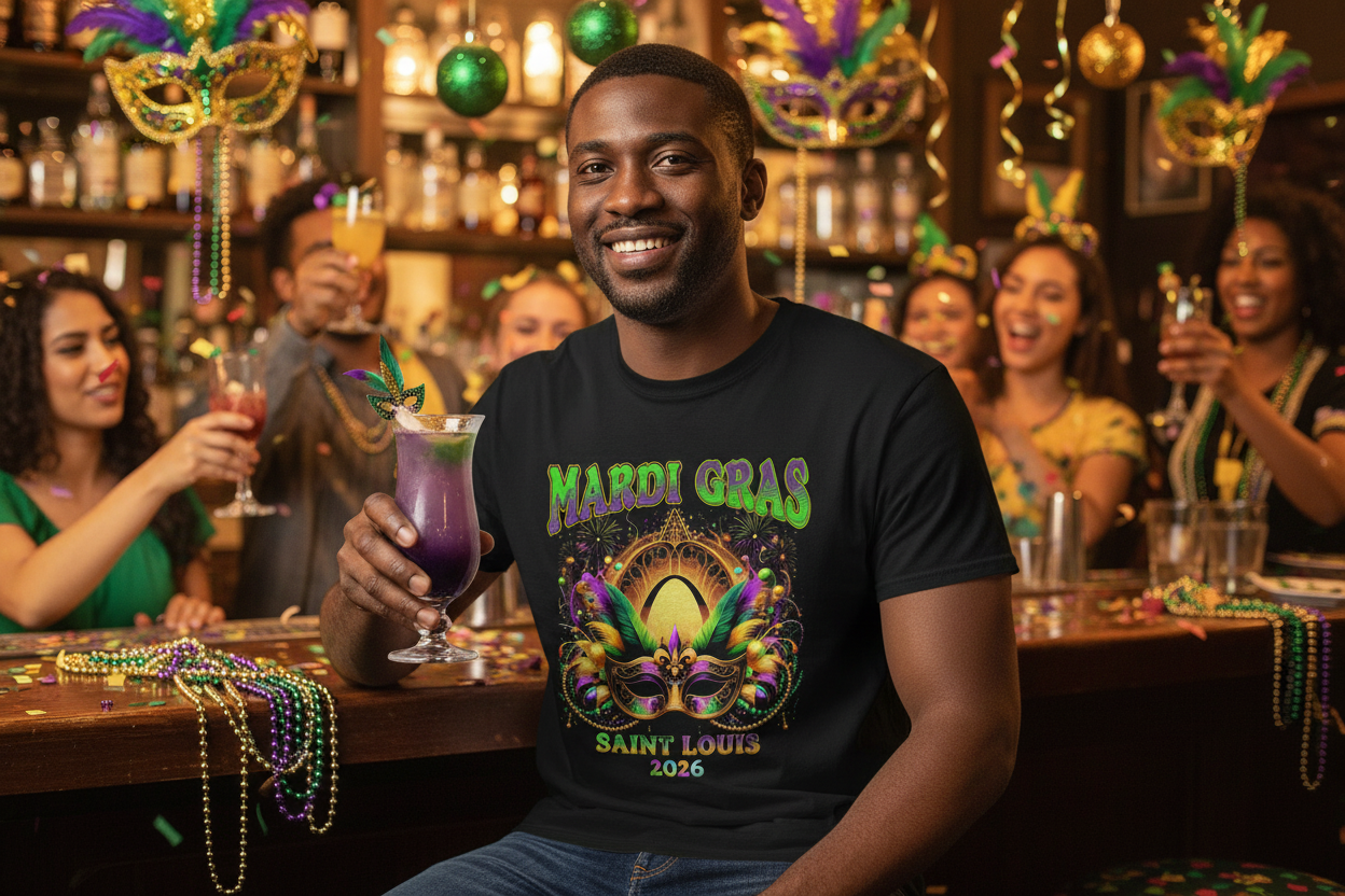 Mardi Gras Graphic Tee — Festive Carnival Mask & Beads Shirt