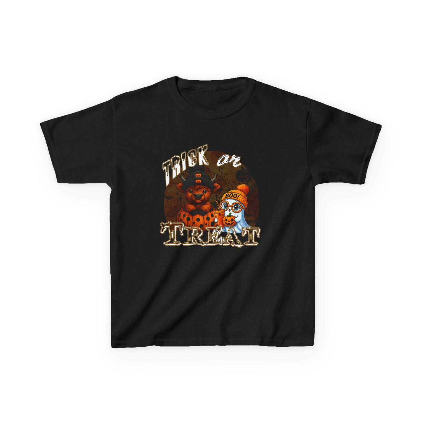 Kids- Trick Or Treat Cute Highland Cow & Ghost Graphic Tee