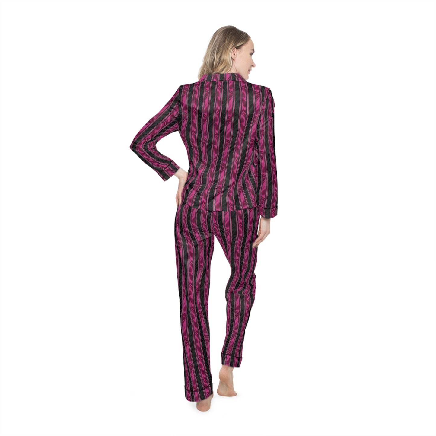 Pink and Black Striped Satin Pajama Set