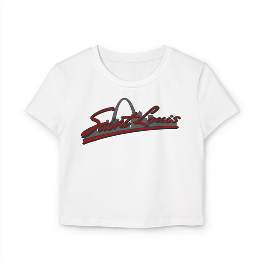 Women's Saint Louis Graphic Baby Tee-Red Lettering