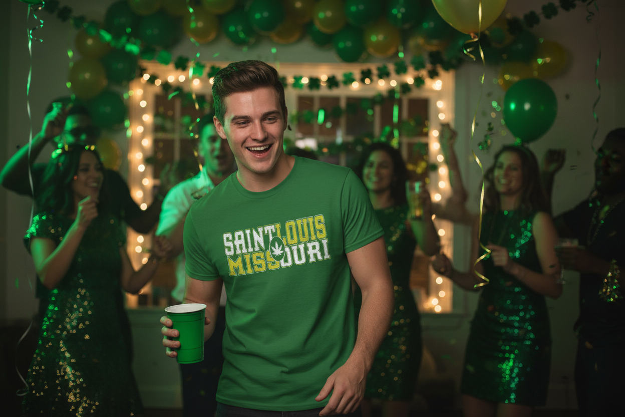 Saint Louis Missouri Tee - Retro Collegiate Cannabis Leaf Design