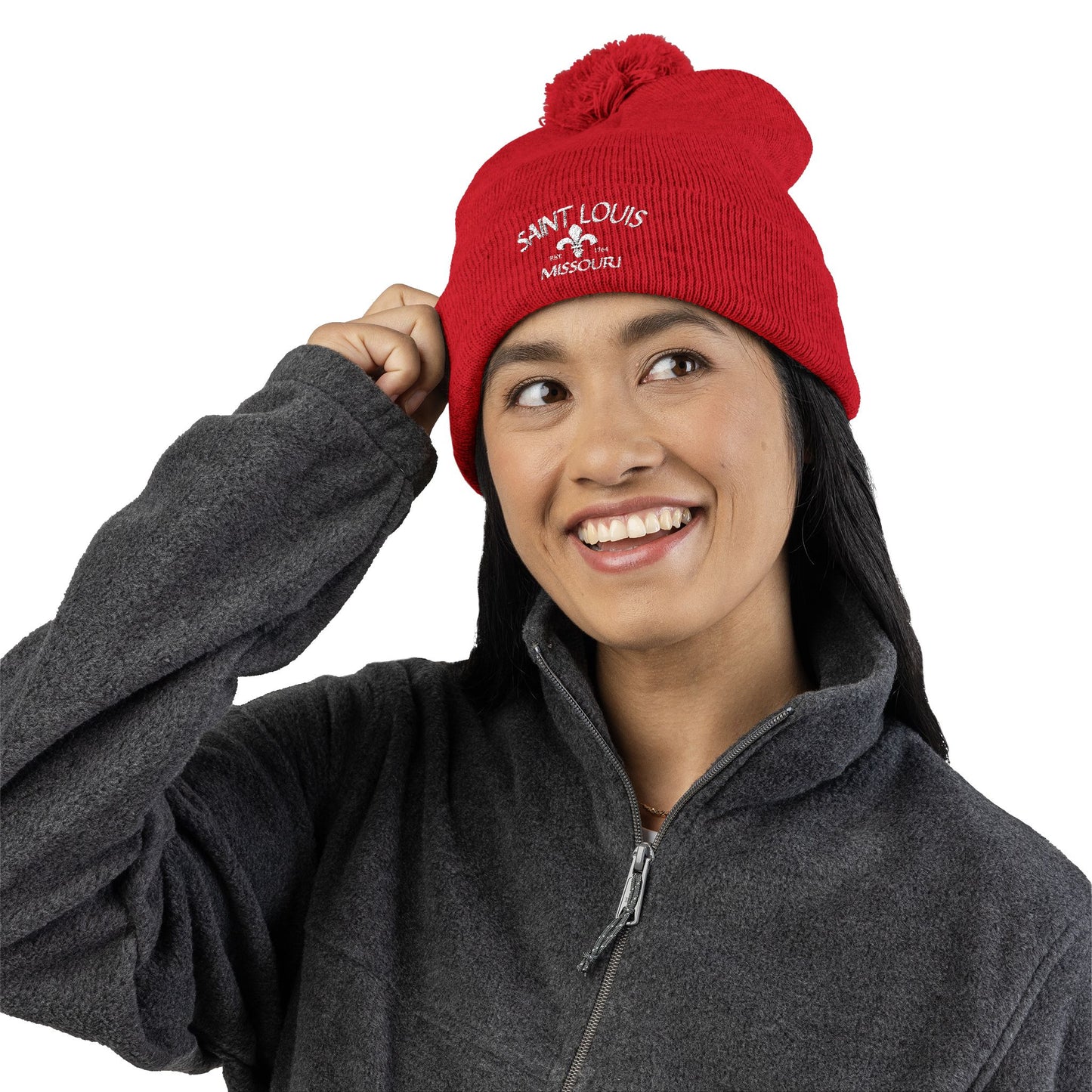 St. Louis Pom Pom Knit Cap — Embroidered Cuffed Beanie