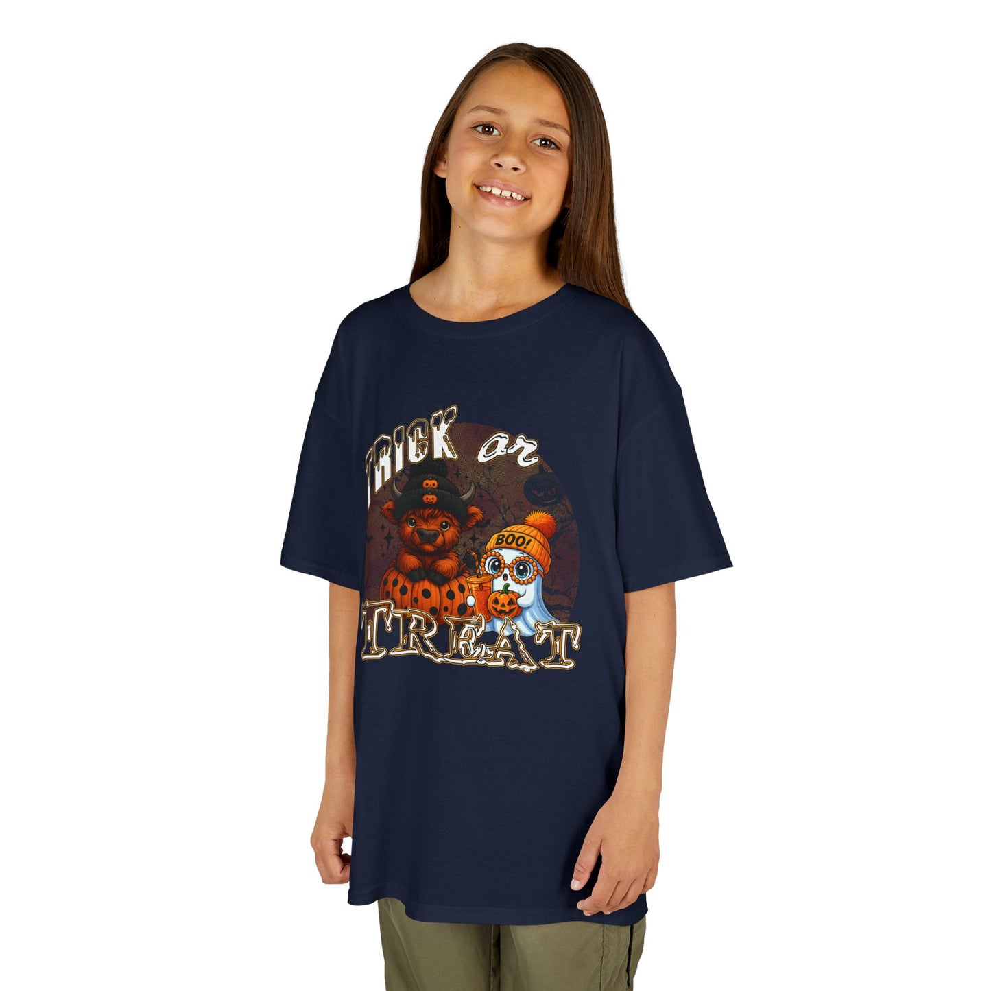 Kids- Trick Or Treat Cute Highland Cow & Ghost Graphic Tee