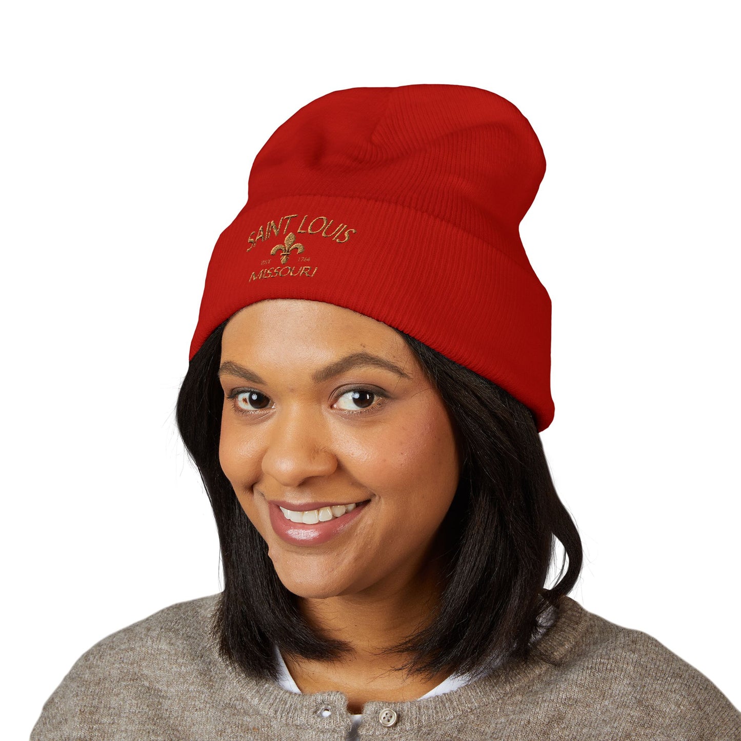 Saint Louis Embroidered Beanie — Brown Lettering