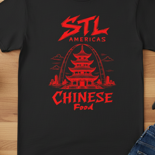 STL Americas Chinese Food T-Shirt — Retro Pagoda Graphic Tee⚠️ Contains AI-generated models