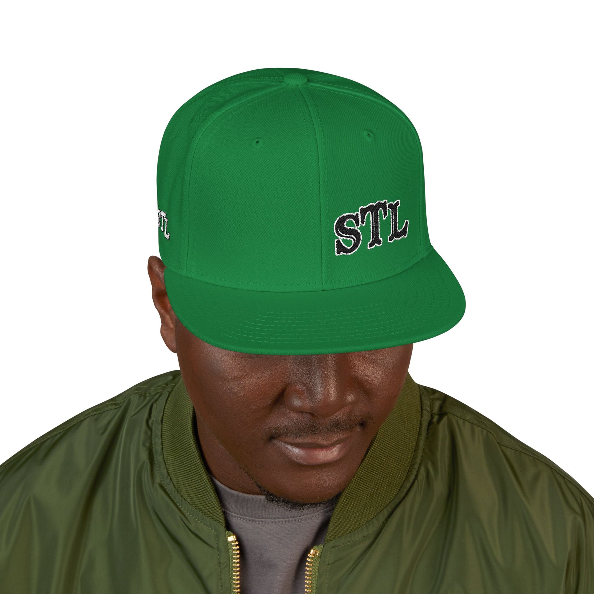 STL Embroidered Snapback Hat- Black & White Lettering Printify