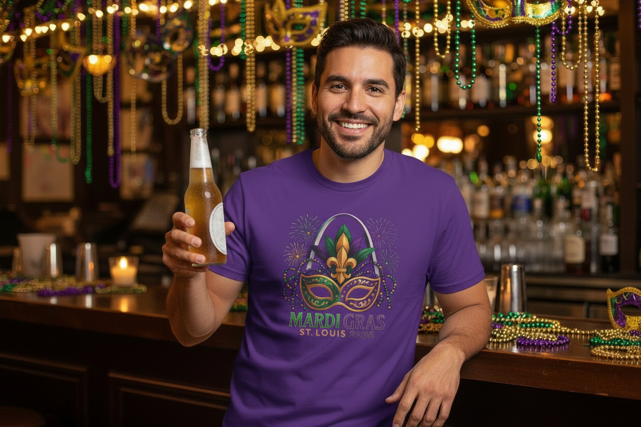 Mardi Gras Graphic T-Shirt — Festive Mask & Beads Tee