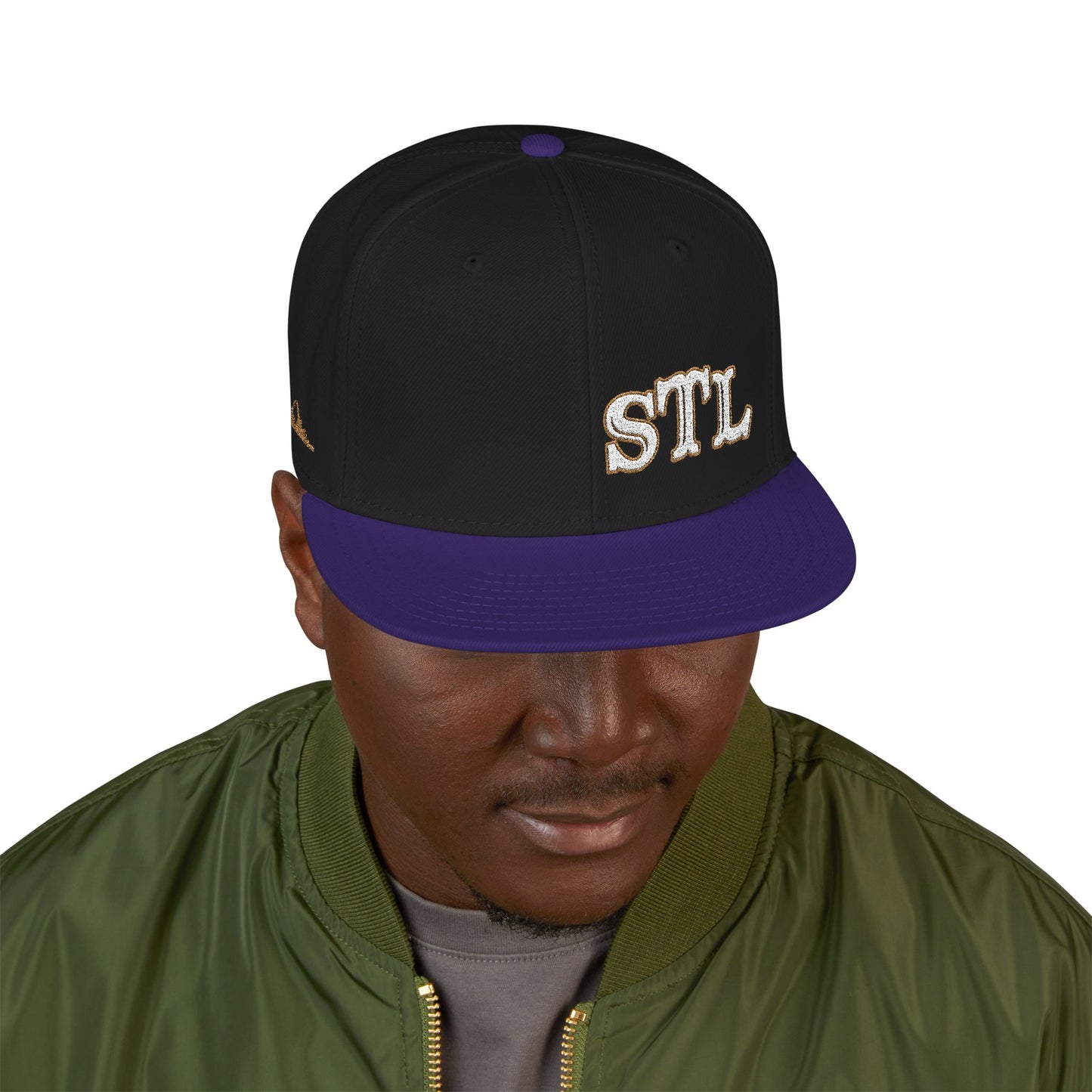 STL Embroidered Snapback Hat- Gold & White Lettering Printify