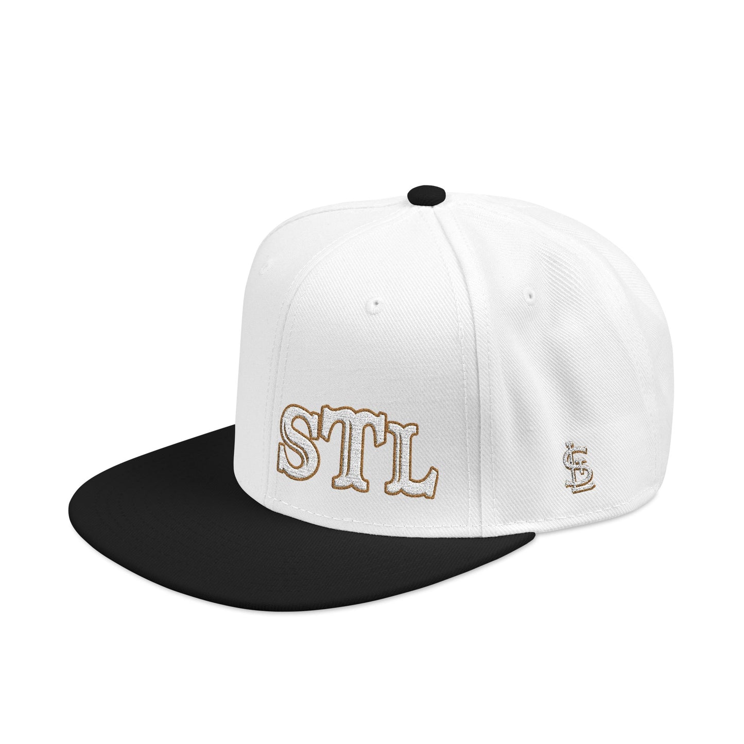 STL Embroidered Snapback Hat- Gold & White Lettering Printify