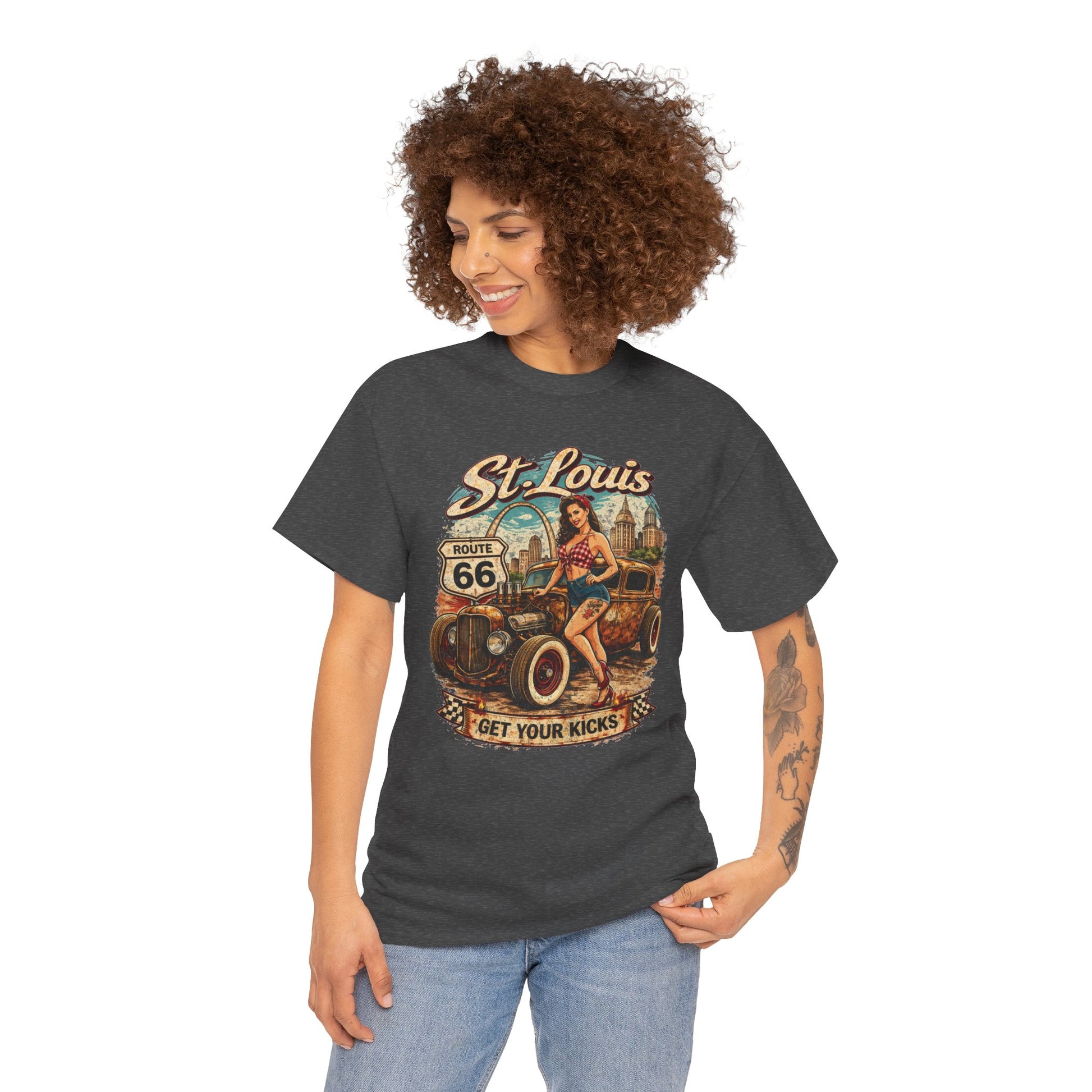 St. Louis Route 66 Vintage Car T‑Shirt — "Get Your Kicks" Retro Road Trip Tee Printify