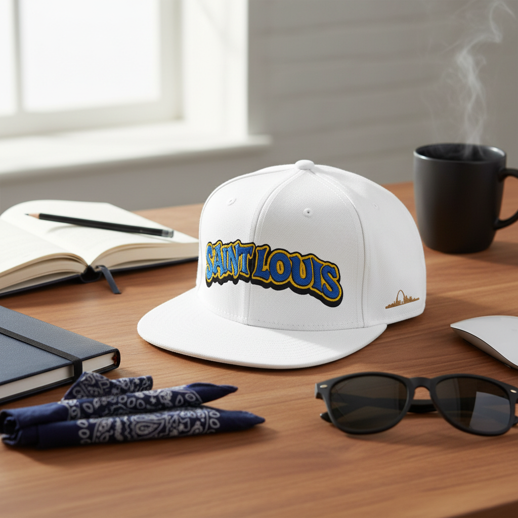 St. Louis Embroidered Snapback Hat — Retro Script Logo Cap ⚠️ Contains AI-generated models