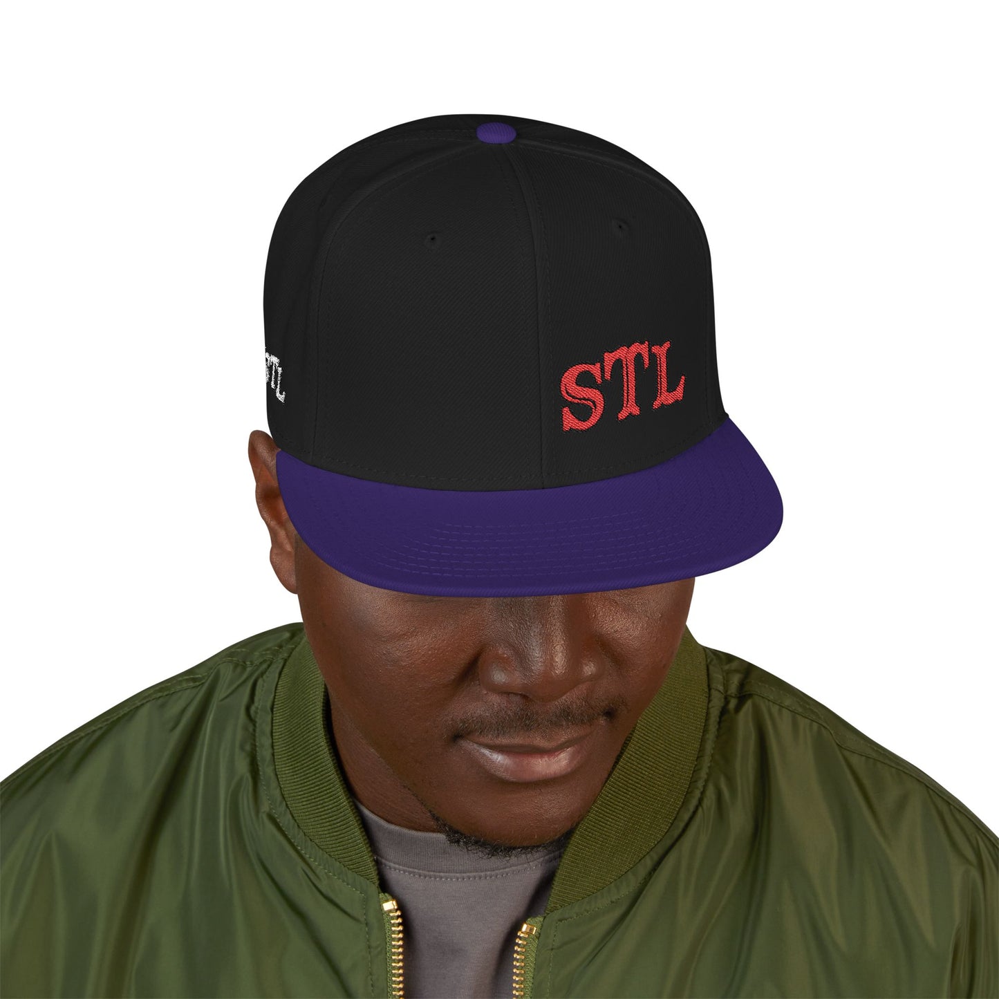 STL Embroidered Snapback Hat-Red & Black Lettering Printify