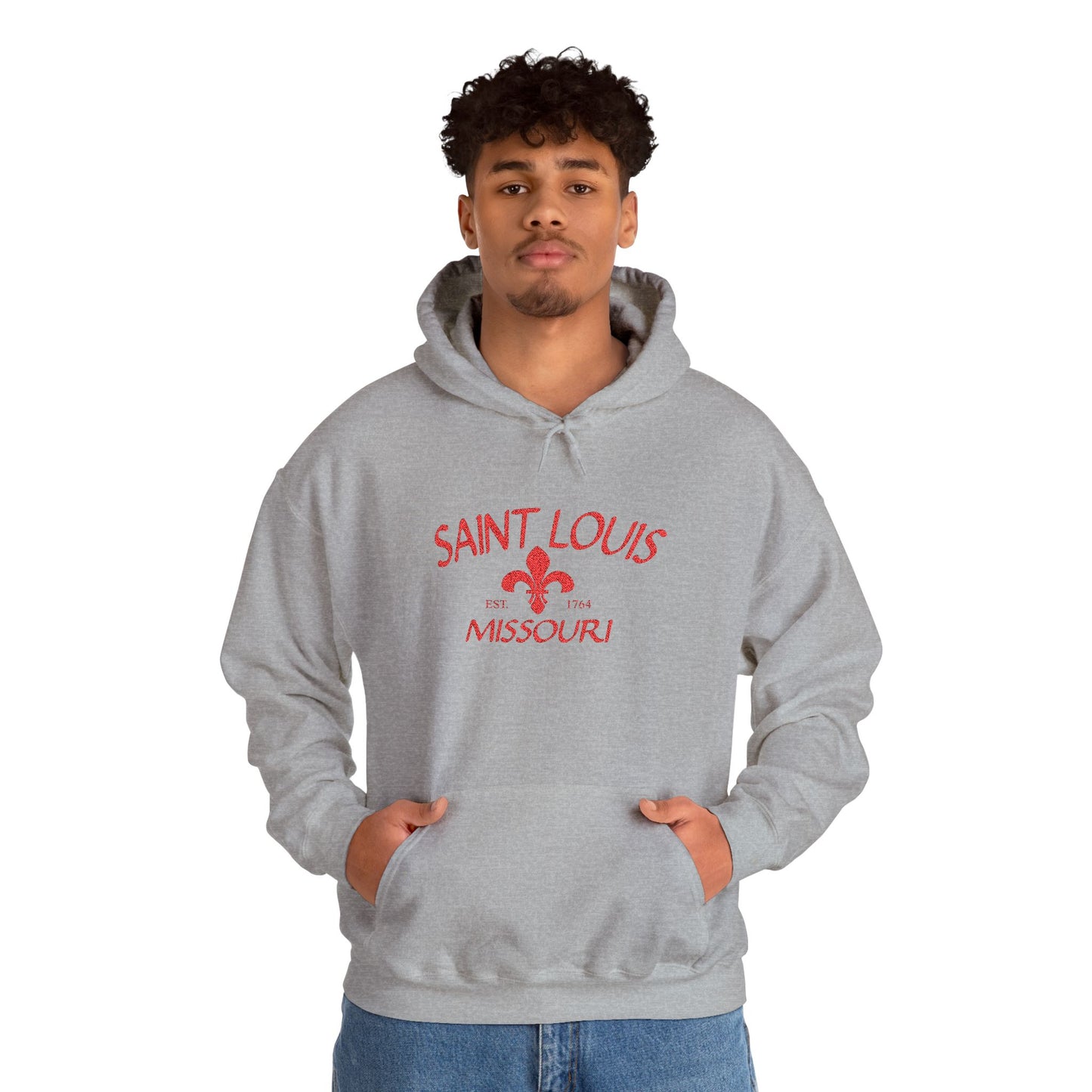 Saint Louis Missouri Embroidered Hoodie — Red Lettering