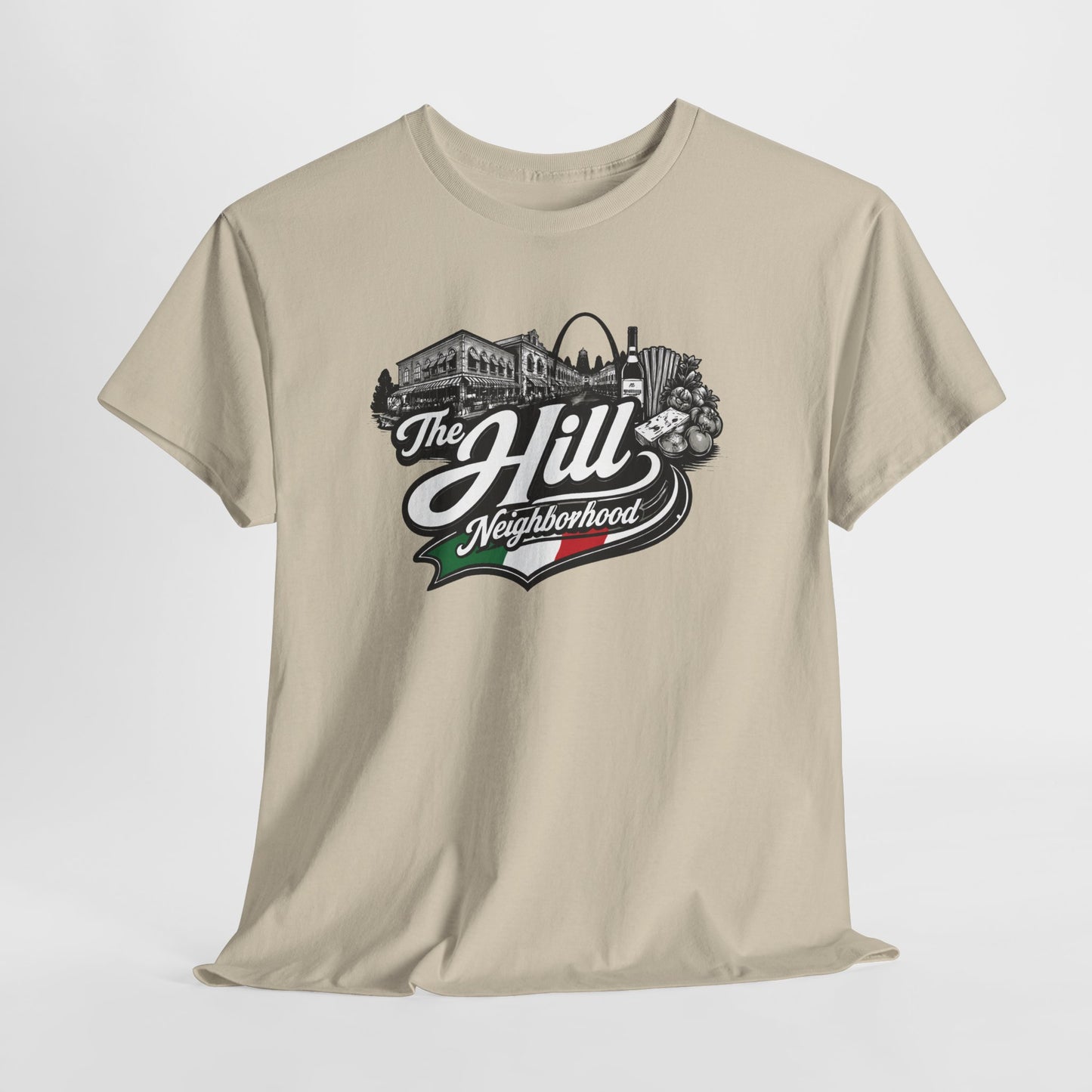 The Hill Neighborhood T-Shirt — Vintage Cityscape Tee with Red, White & Green Accents