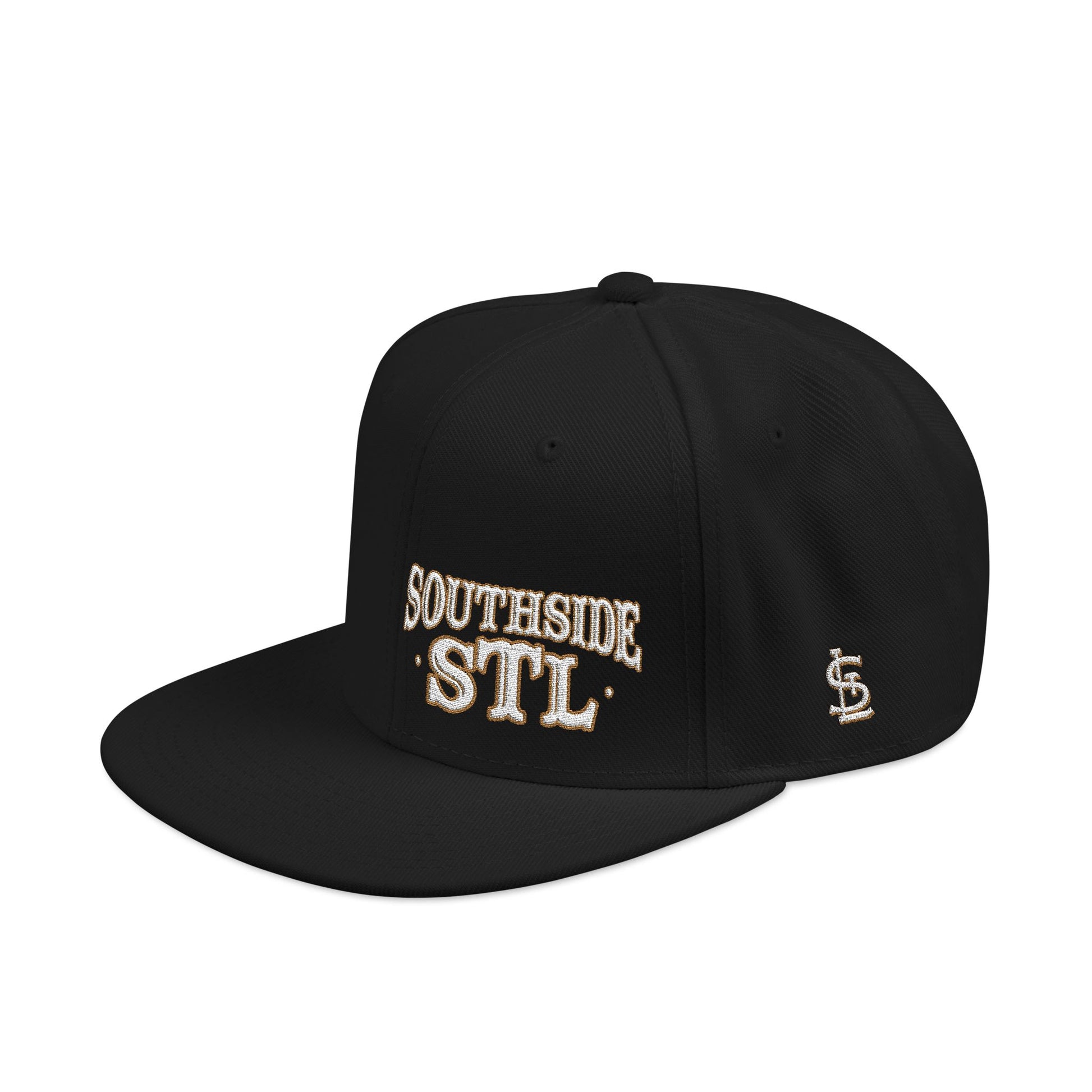 Embroidered Snapback Hat - Southside STL - White & Gold Lettering Printify