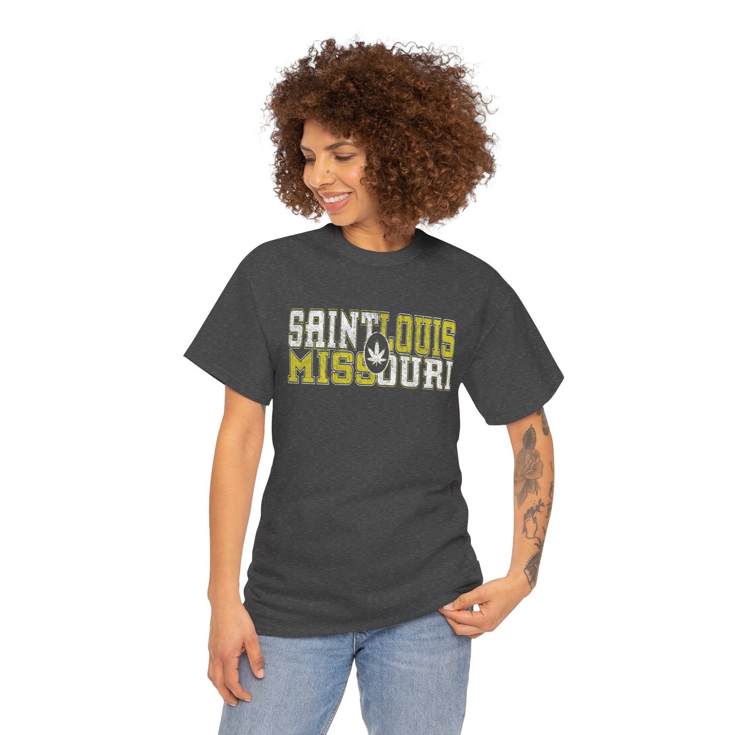 Saint Louis Missouri Tee - Retro Collegiate Cannabis Leaf Design