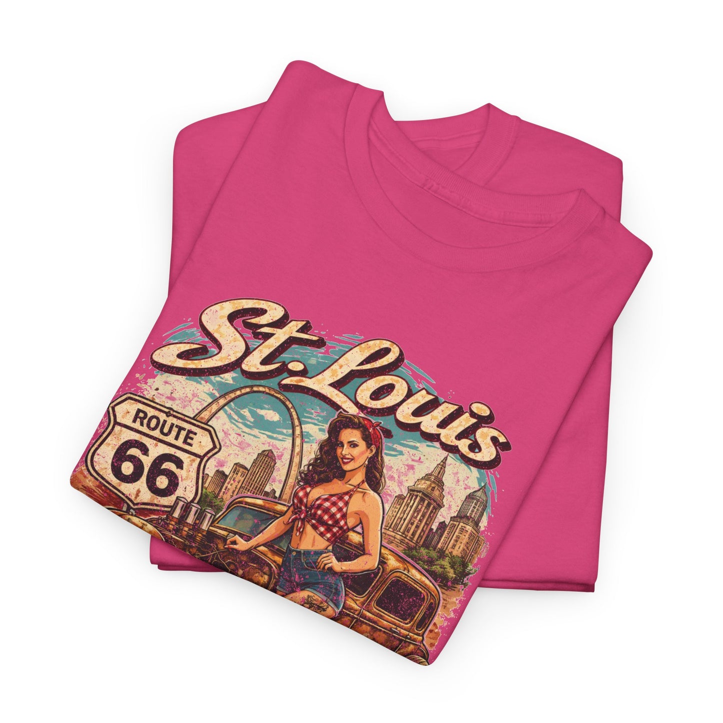 St. Louis Route 66 Vintage Car T‑Shirt — "Get Your Kicks" Retro Road Trip Tee Printify