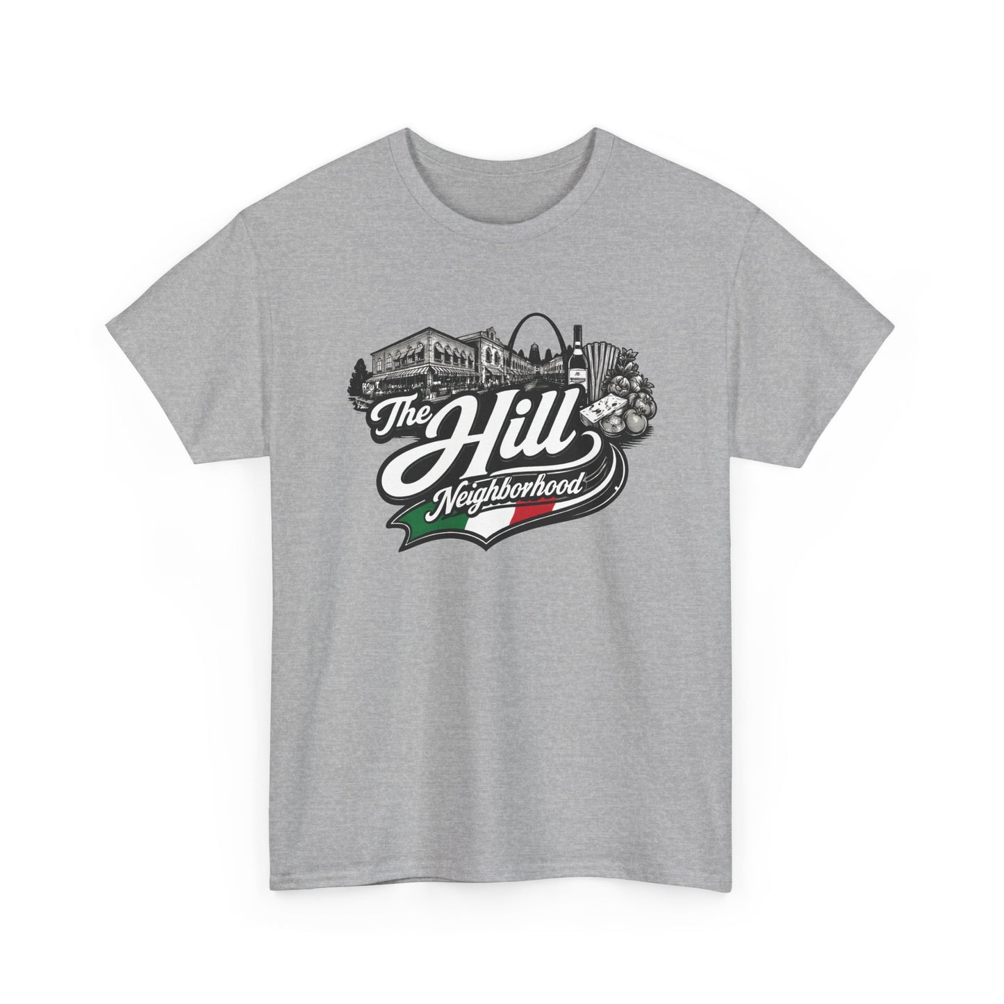 The Hill Neighborhood T-Shirt — Vintage Cityscape Tee with Red, White & Green Accents