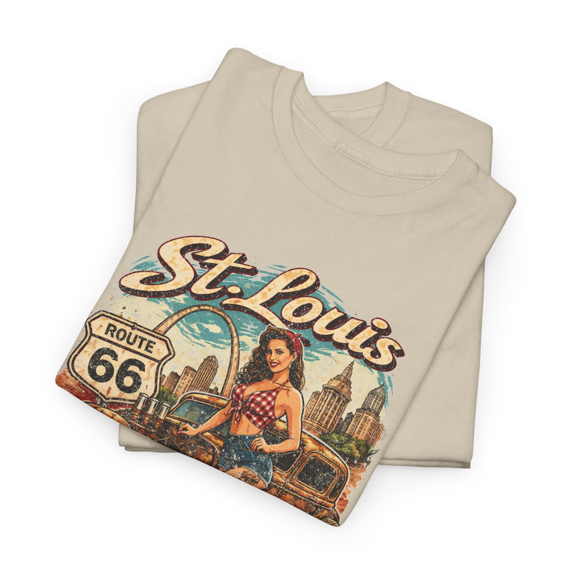St. Louis Route 66 Vintage Car T‑Shirt — "Get Your Kicks" Retro Road Trip Tee Printify