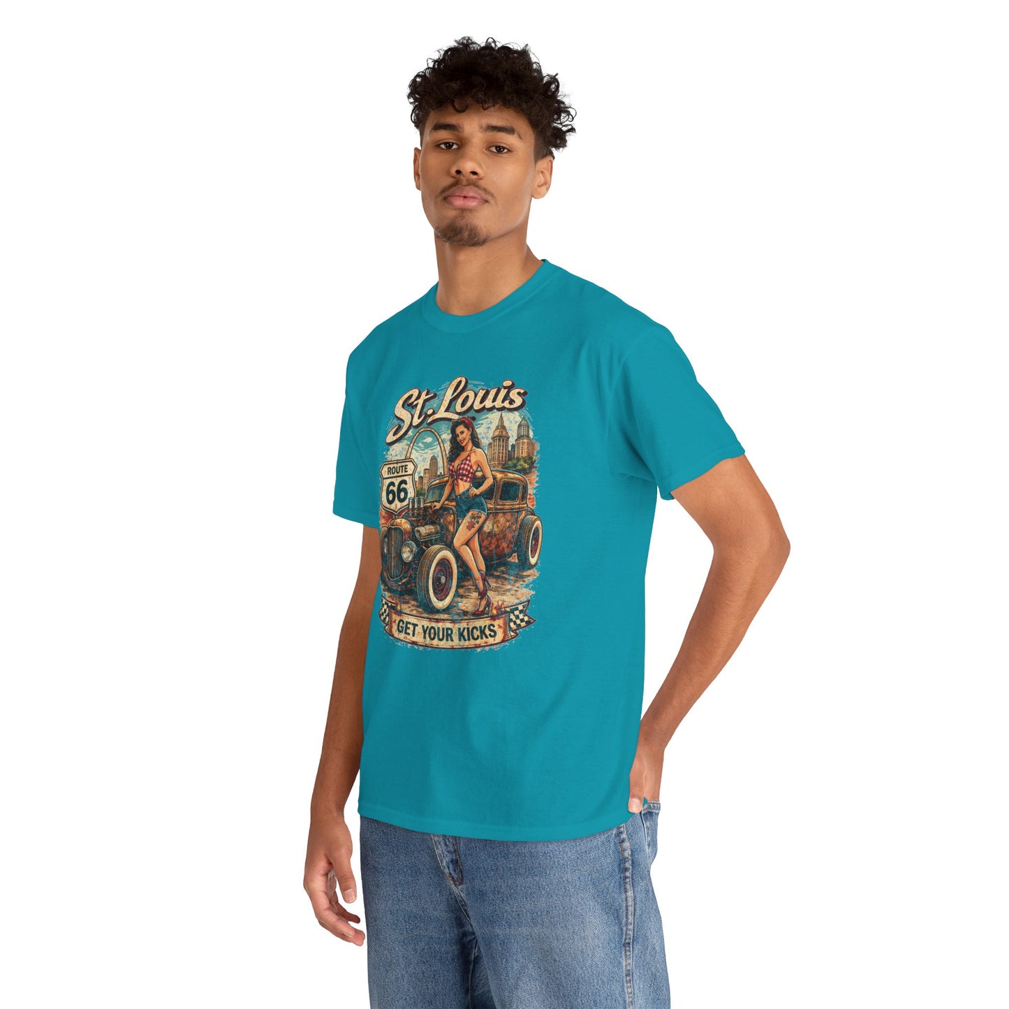 St. Louis Route 66 Vintage Car T‑Shirt — "Get Your Kicks" Retro Road Trip Tee Printify