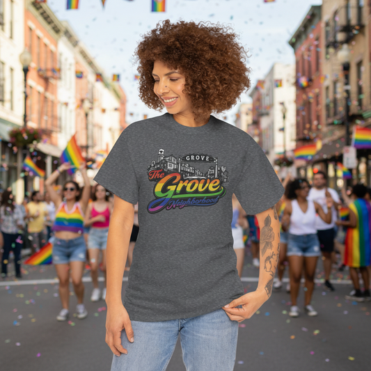The Grove Neighborhood Tee — Retro Rainbow Logo T-Shirt
