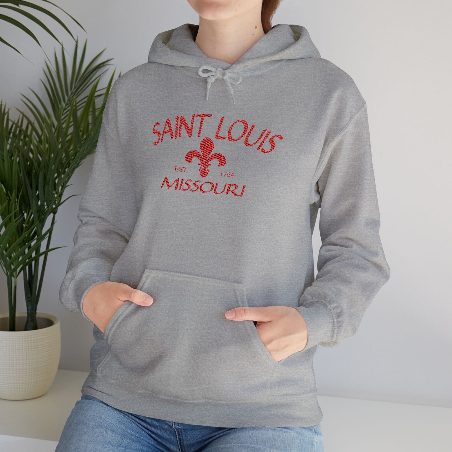 Saint Louis Missouri Embroidered Hoodie — Red Lettering