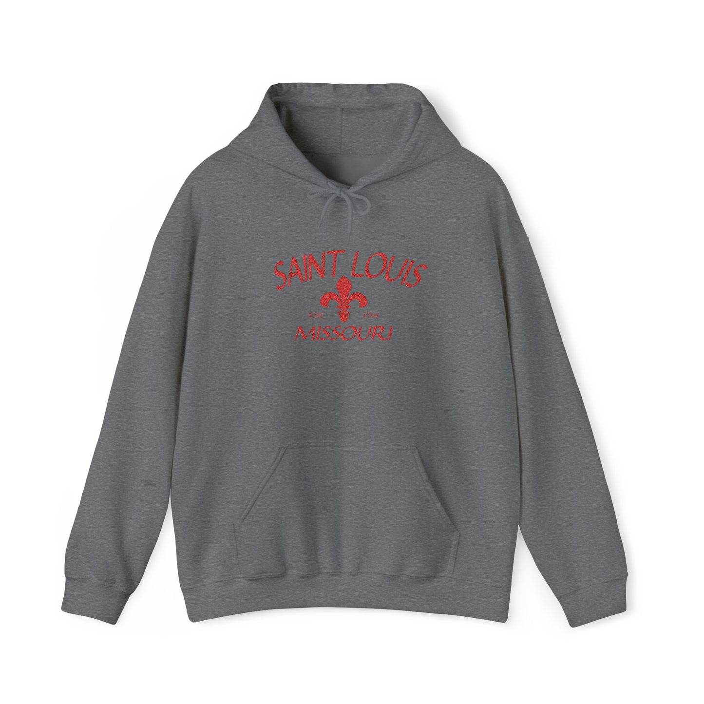 Saint Louis Missouri Embroidered Hoodie — Red Lettering
