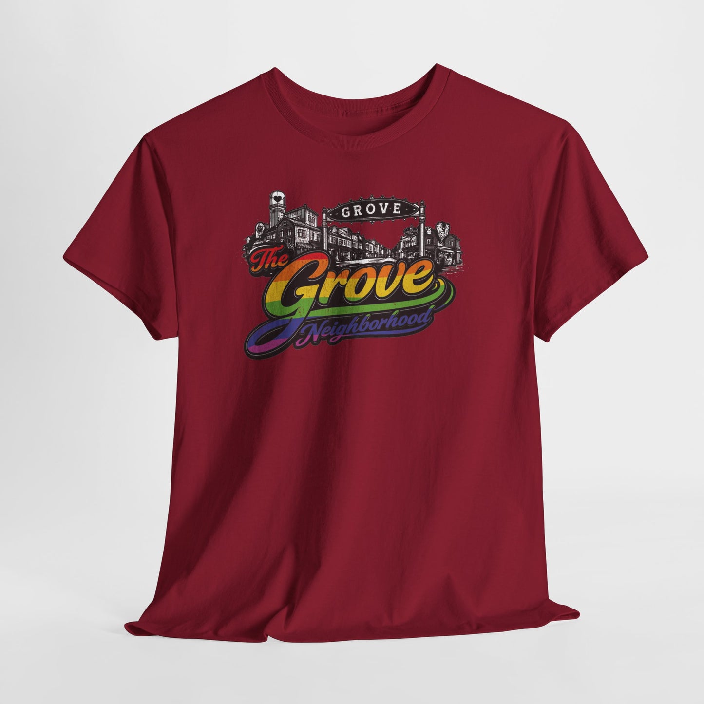 The Grove Neighborhood Tee — Retro Rainbow Logo T-Shirt