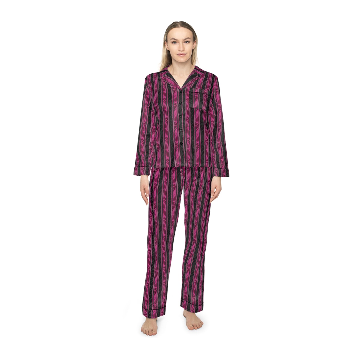 Pink and Black Striped Satin Pajama Set