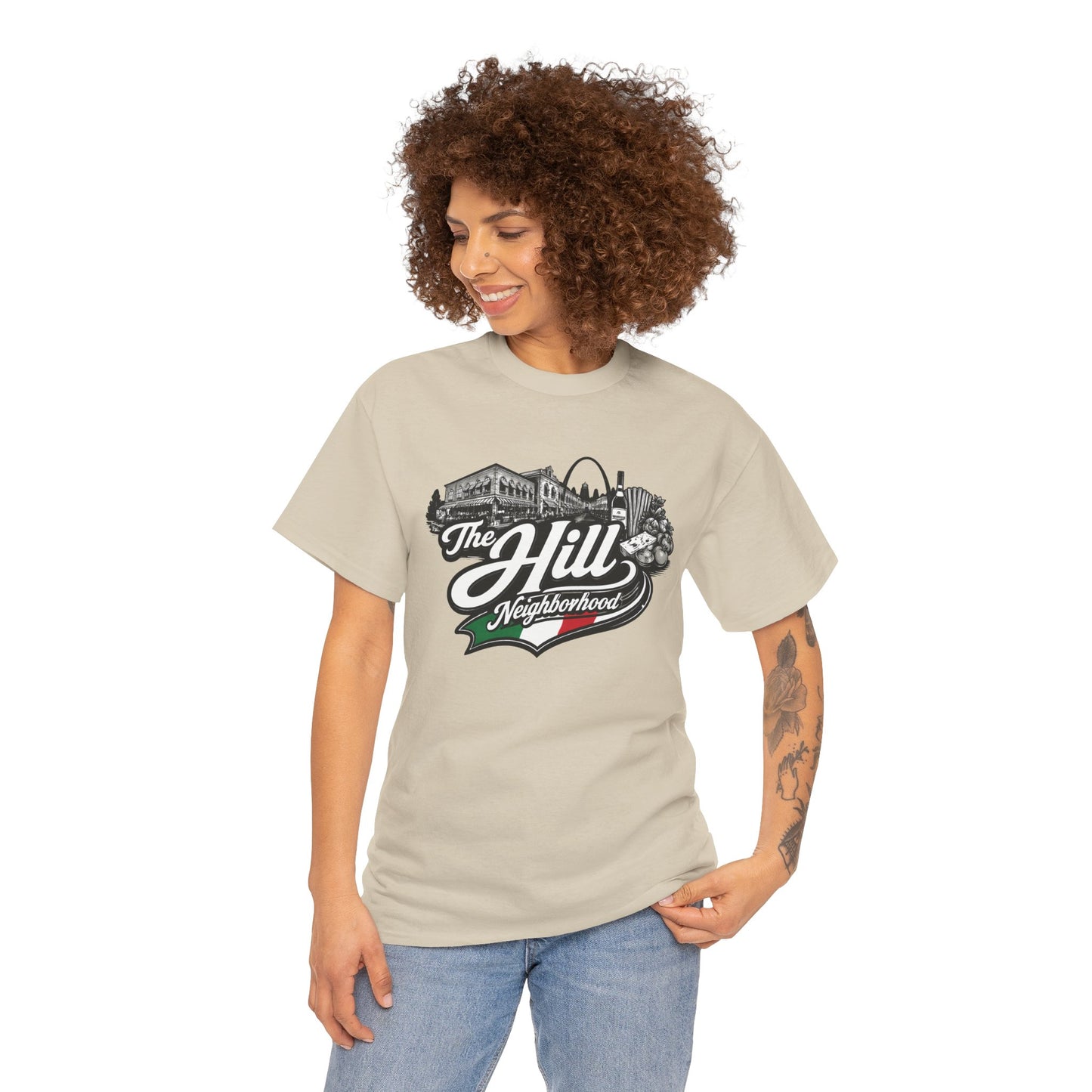 The Hill Neighborhood T-Shirt — Vintage Cityscape Tee with Red, White & Green Accents