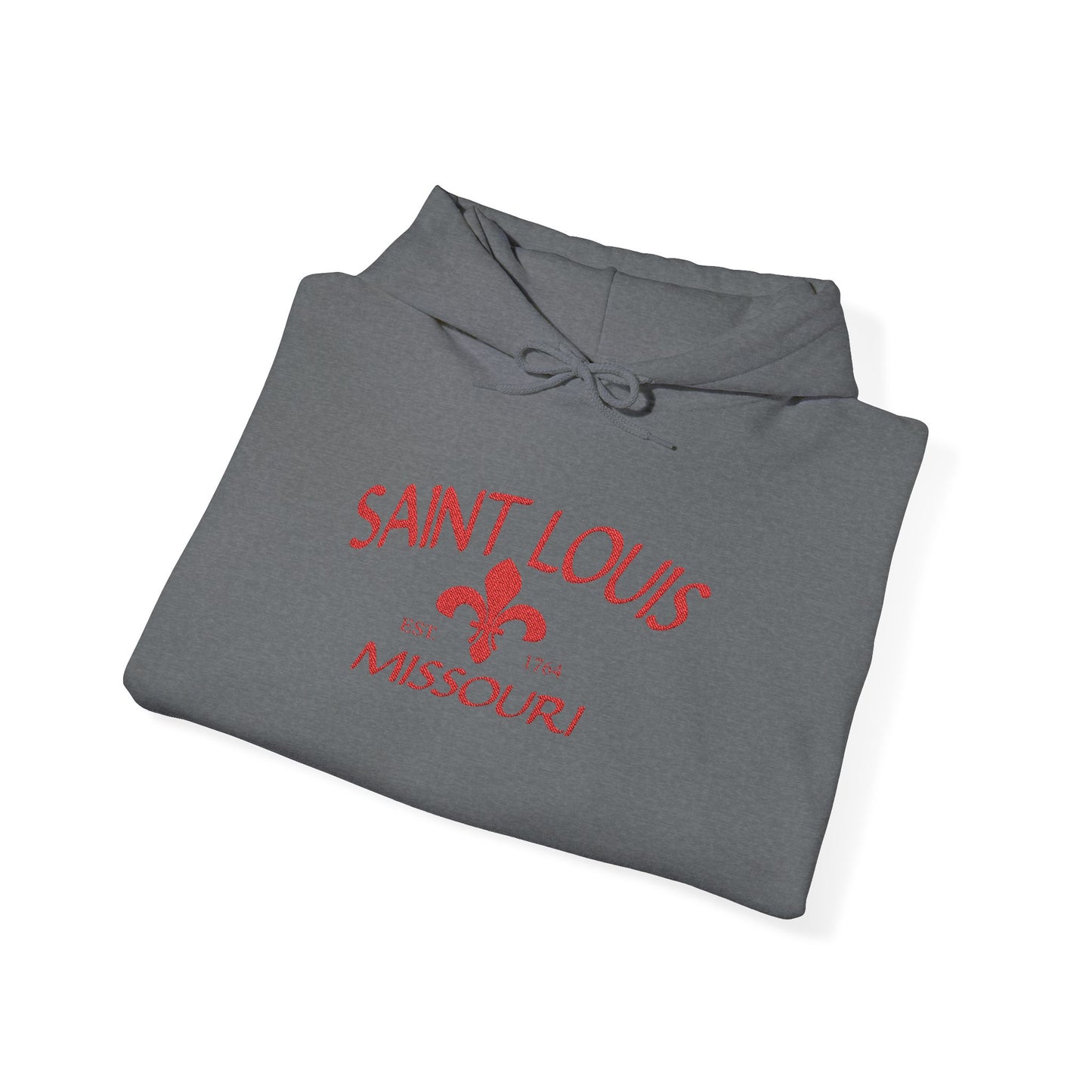 Saint Louis Missouri Embroidered Hoodie — Red Lettering