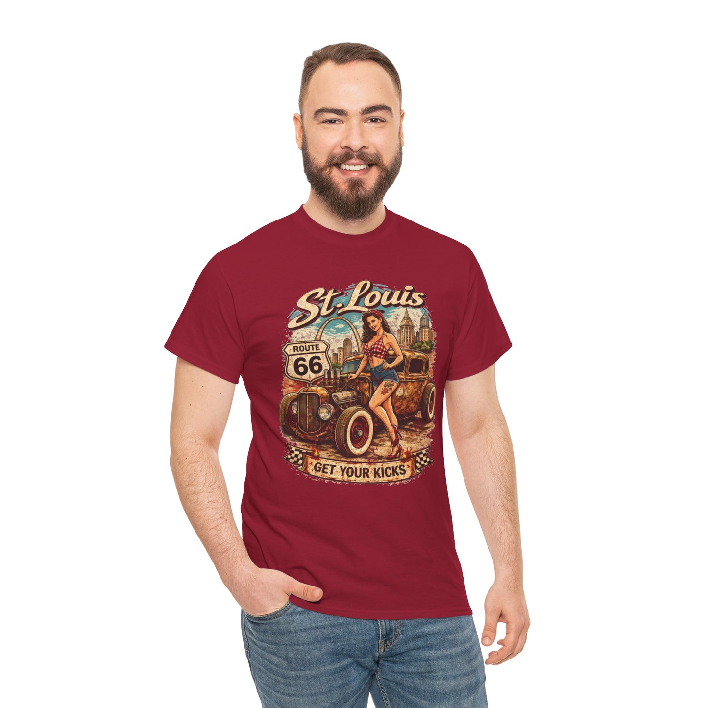 St. Louis Route 66 Vintage Car T‑Shirt — "Get Your Kicks" Retro Road Trip Tee Printify