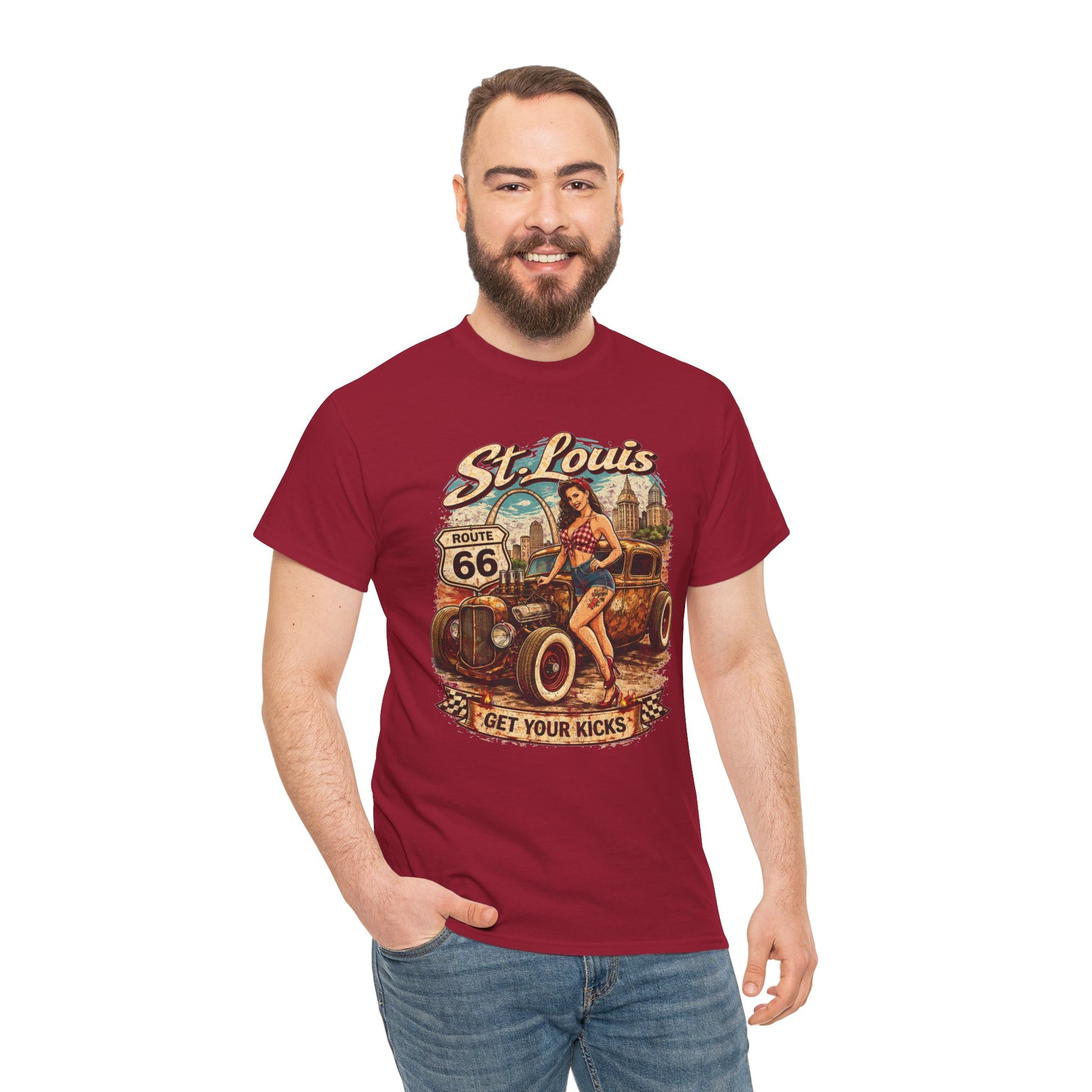 St. Louis Route 66 Vintage Car T‑Shirt — "Get Your Kicks" Retro Road Trip Tee Printify