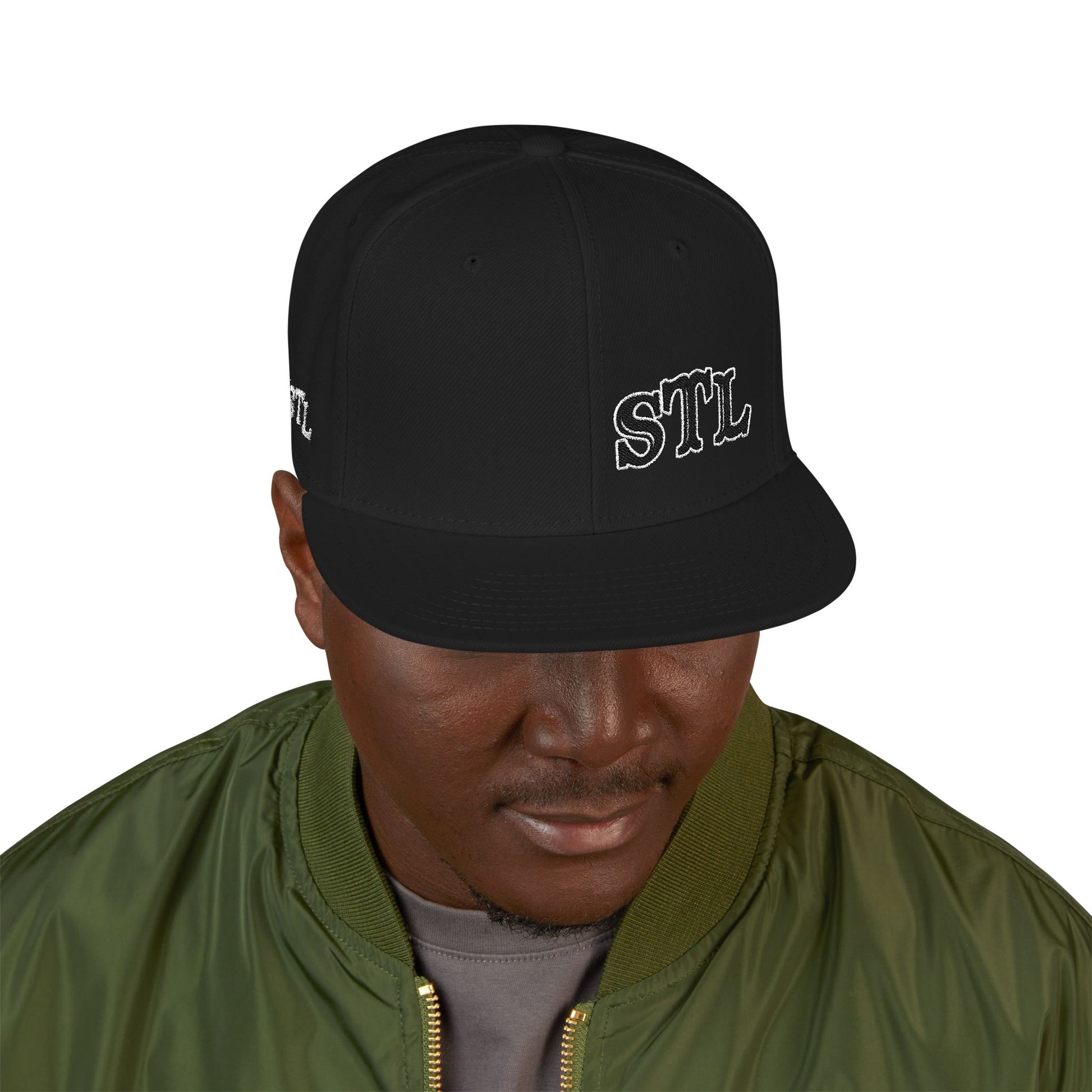 STL Embroidered Snapback Hat- Black & White Lettering Printify