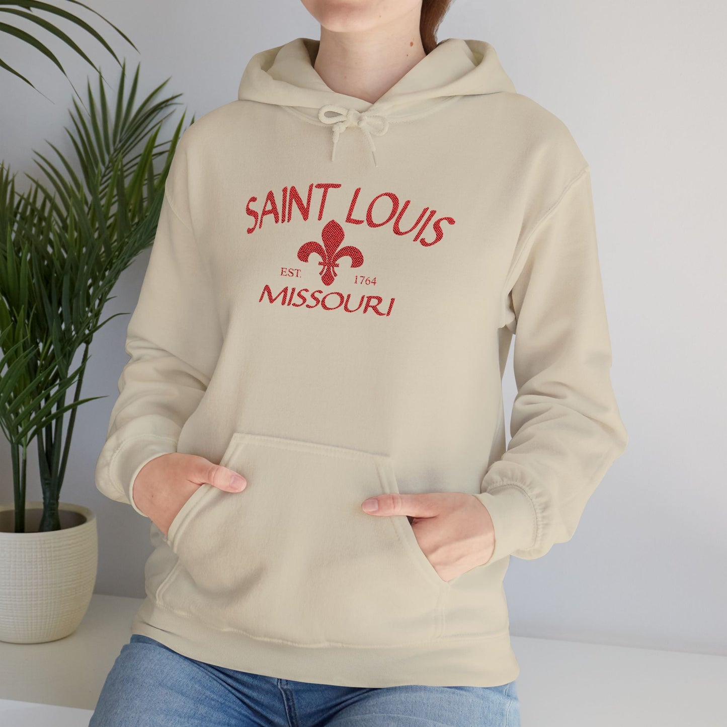 Saint Louis Missouri Embroidered Hoodie — Red Lettering