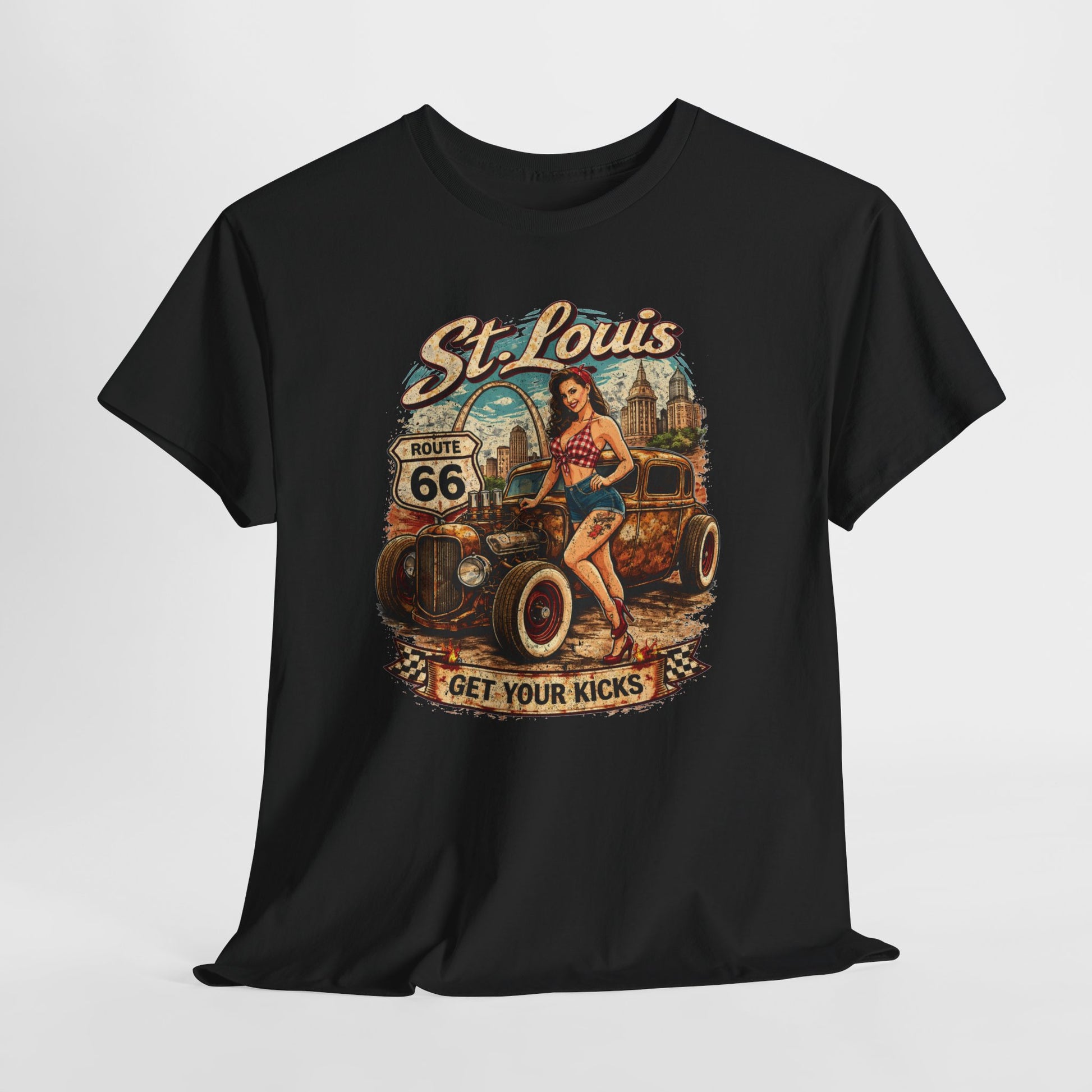 St. Louis Route 66 Vintage Car T‑Shirt — "Get Your Kicks" Retro Road Trip Tee Printify