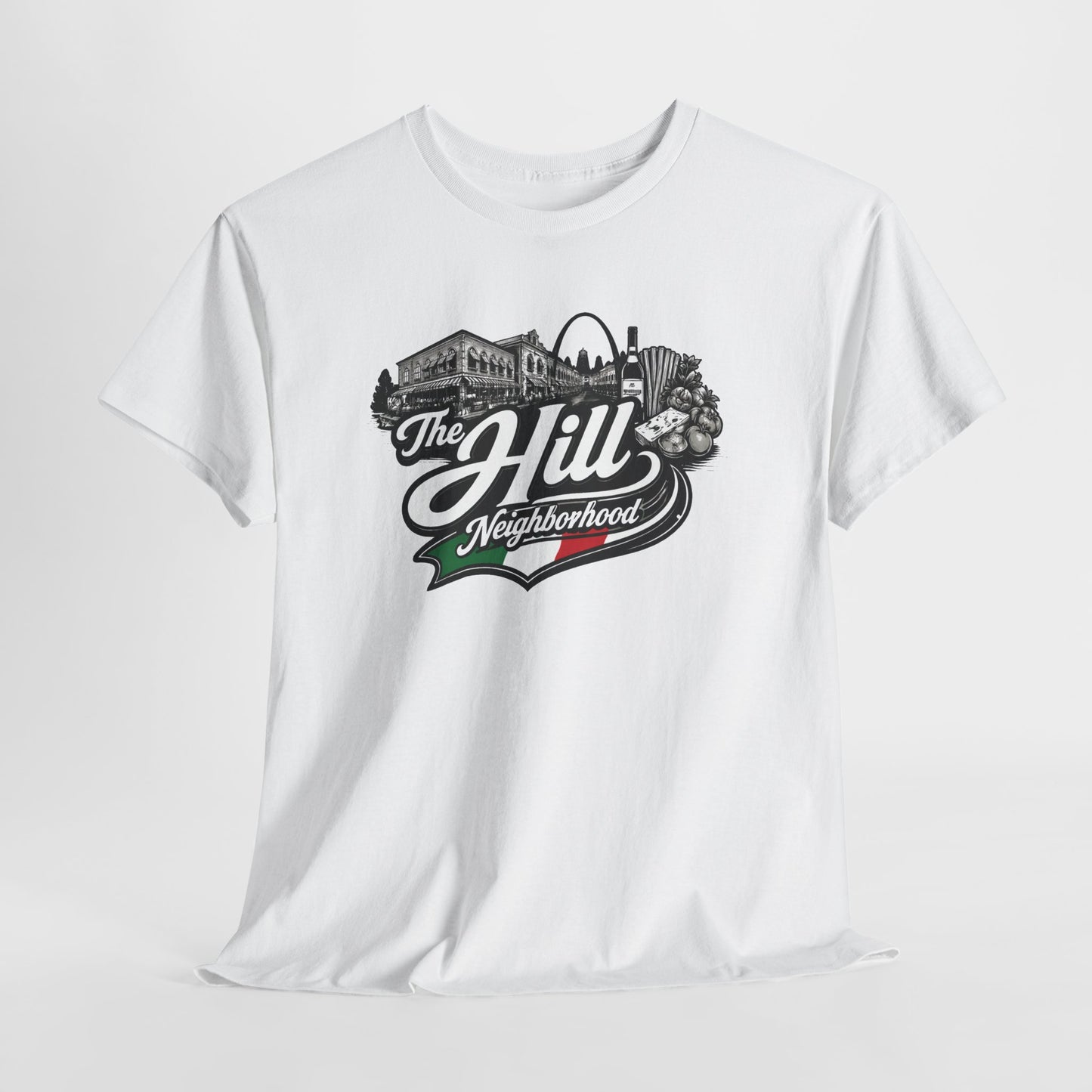 The Hill Neighborhood T-Shirt — Vintage Cityscape Tee with Red, White & Green Accents
