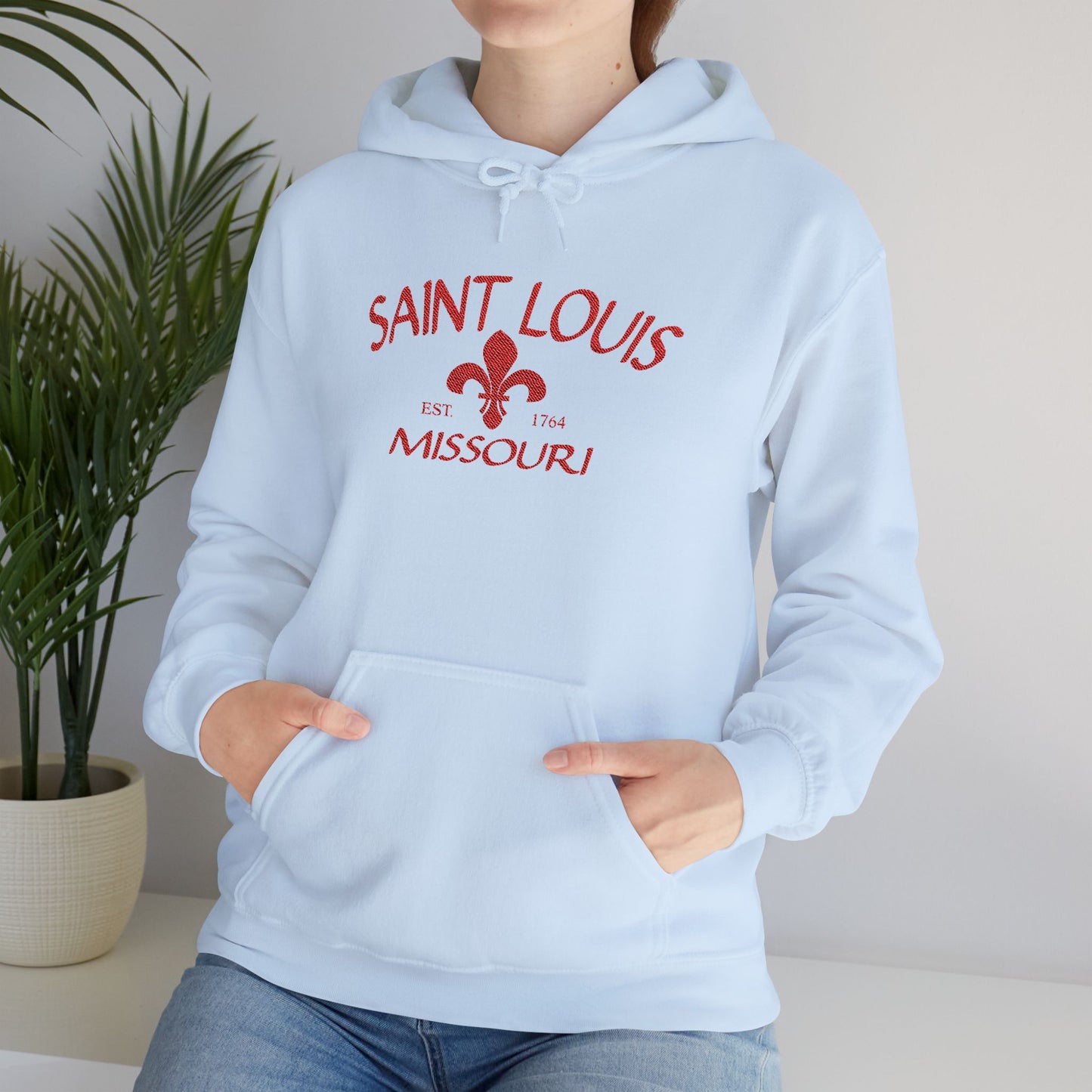 Saint Louis Missouri Embroidered Hoodie — Red Lettering