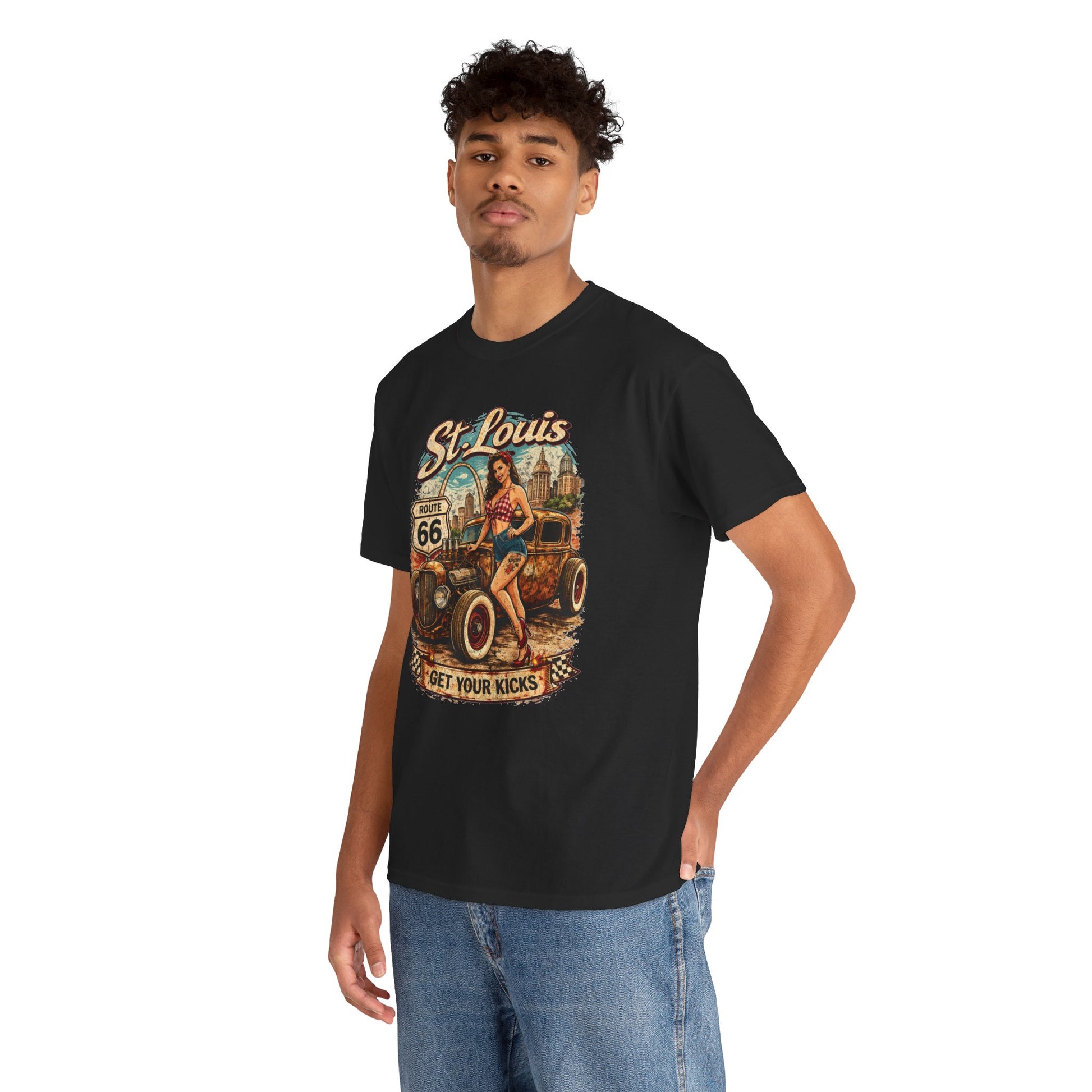 St. Louis Route 66 Vintage Car T‑Shirt — "Get Your Kicks" Retro Road Trip Tee Printify