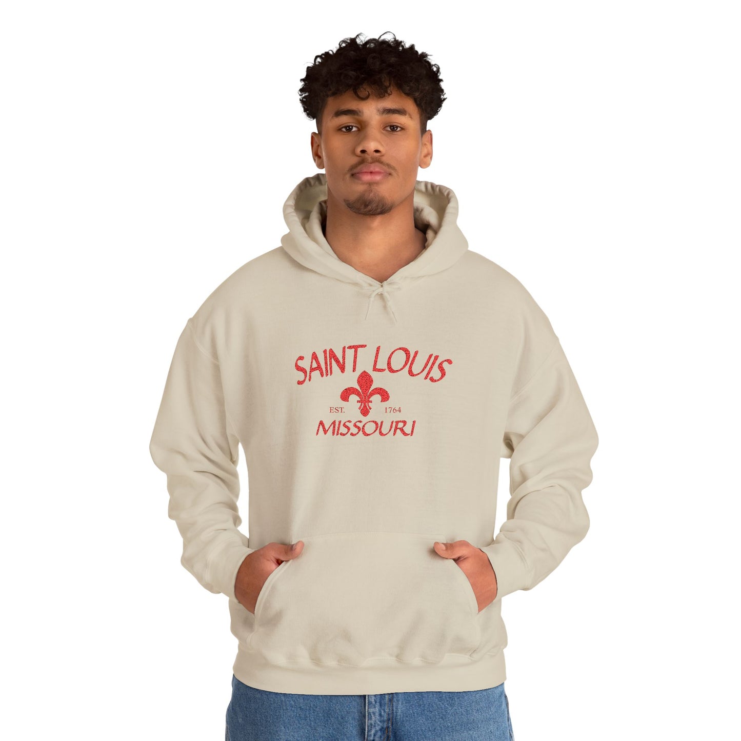 Saint Louis Missouri Embroidered Hoodie — Red Lettering
