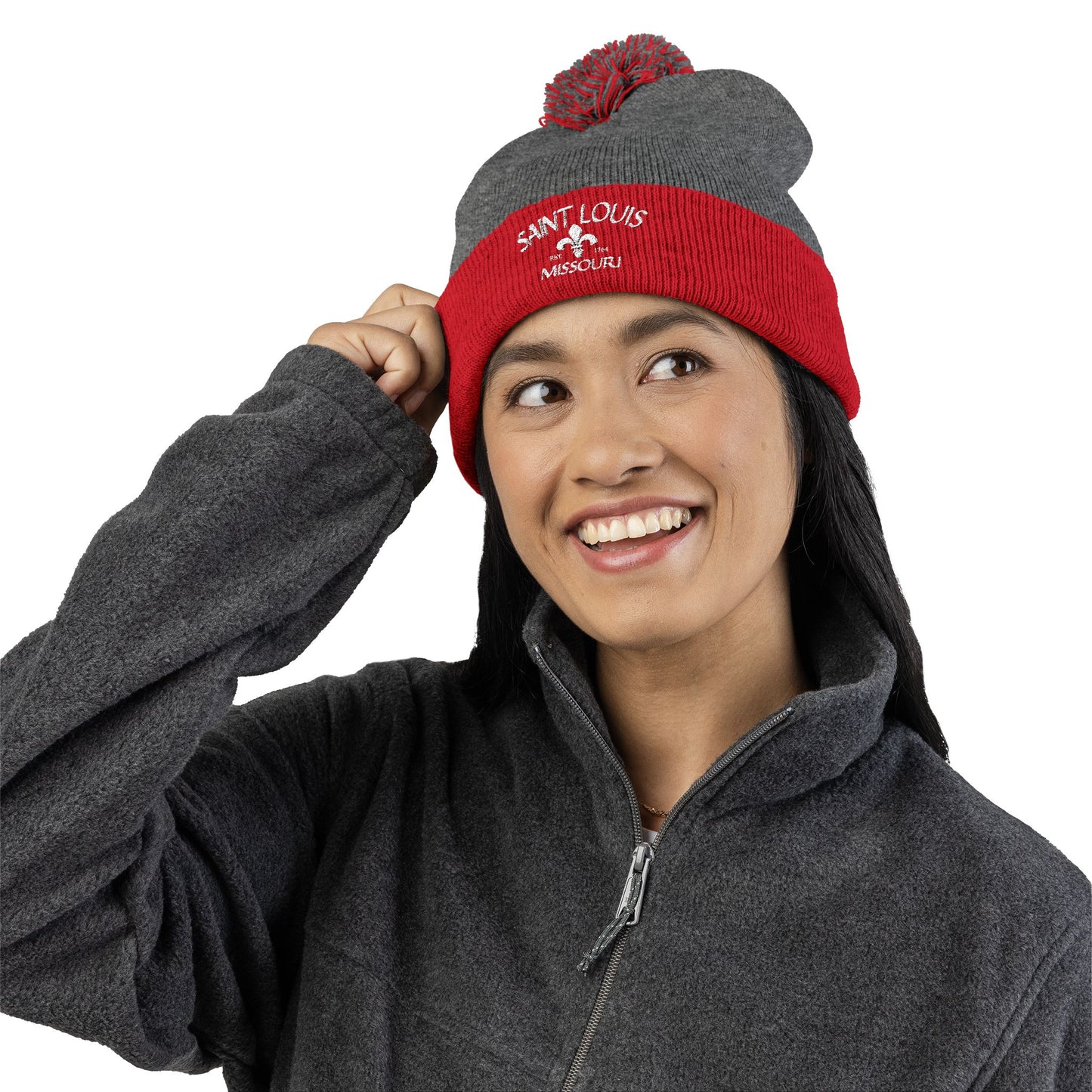 St. Louis Pom Pom Knit Cap — Embroidered Cuffed Beanie