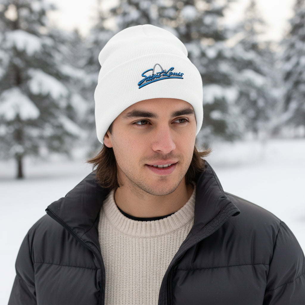 Embroidered Beanie- Saint Louis Blue lettering