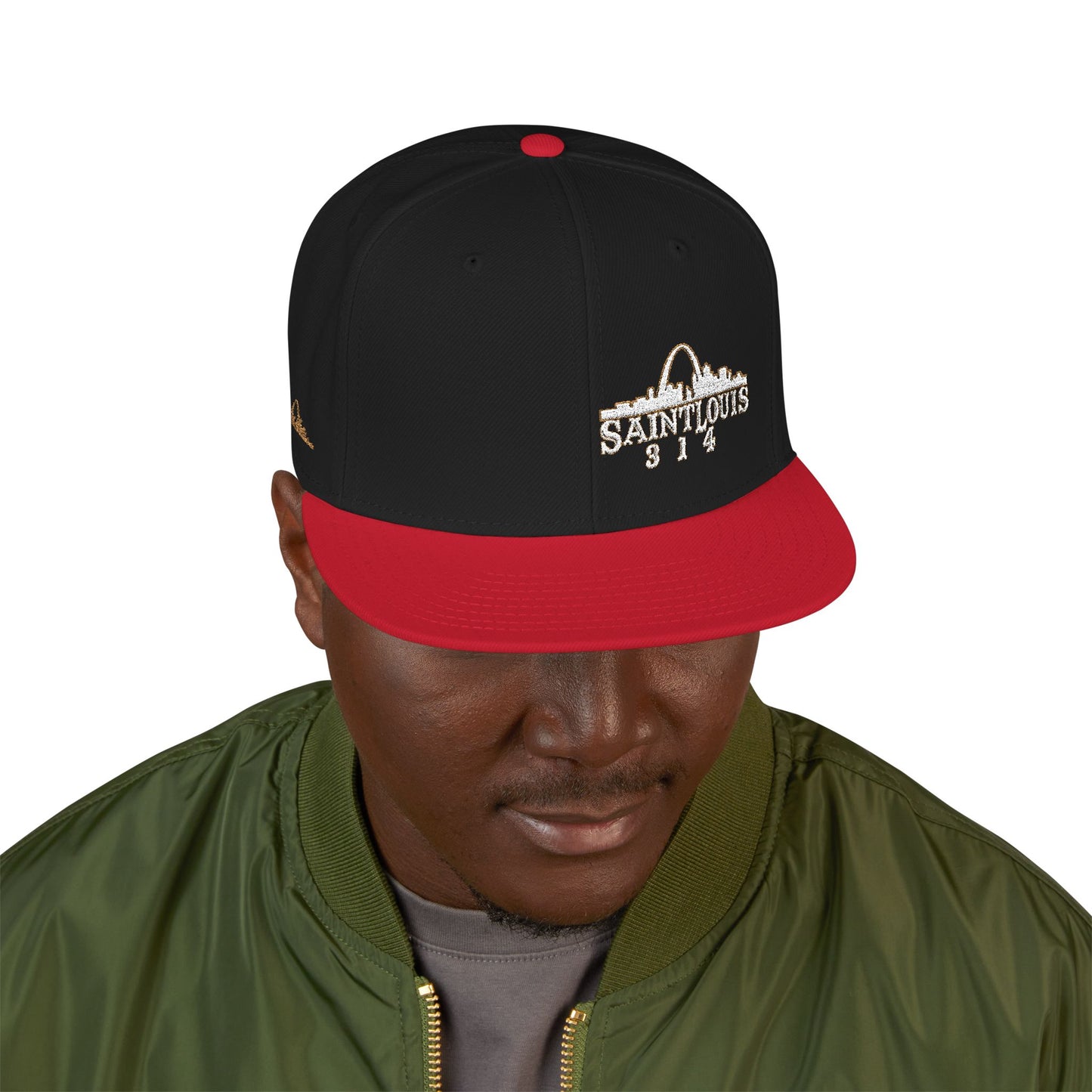 Embroidered Snapback Hat - Saint Louis - White and Gold Lettering Printify
