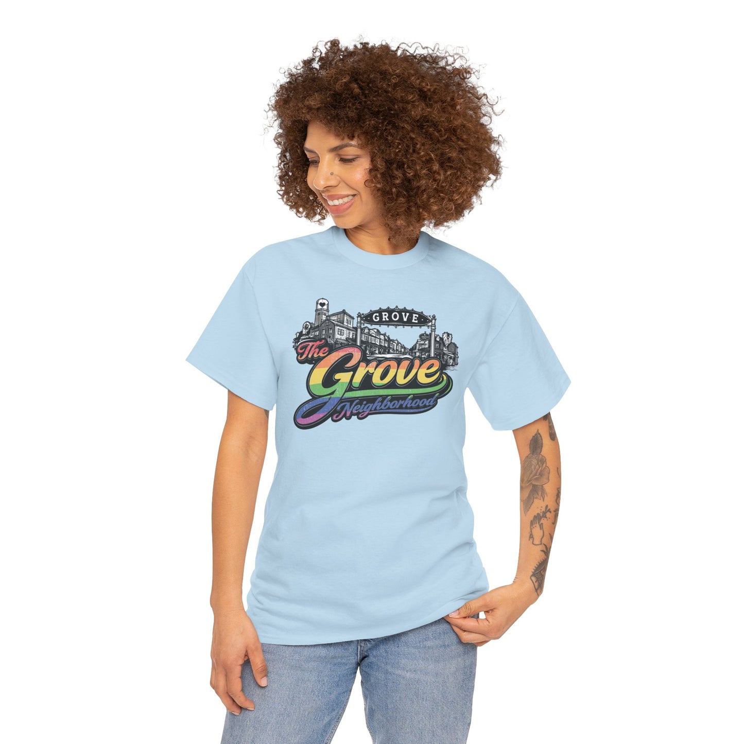 The Grove Neighborhood Tee — Retro Rainbow Logo T-Shirt
