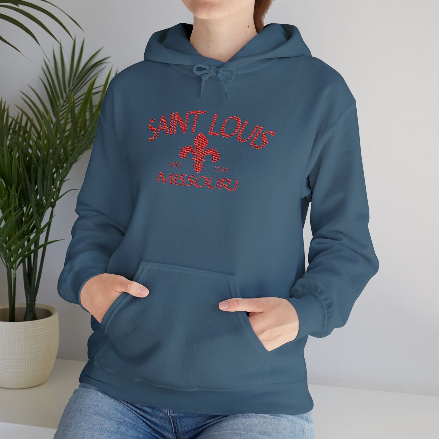 Saint Louis Missouri Embroidered Hoodie — Red Lettering