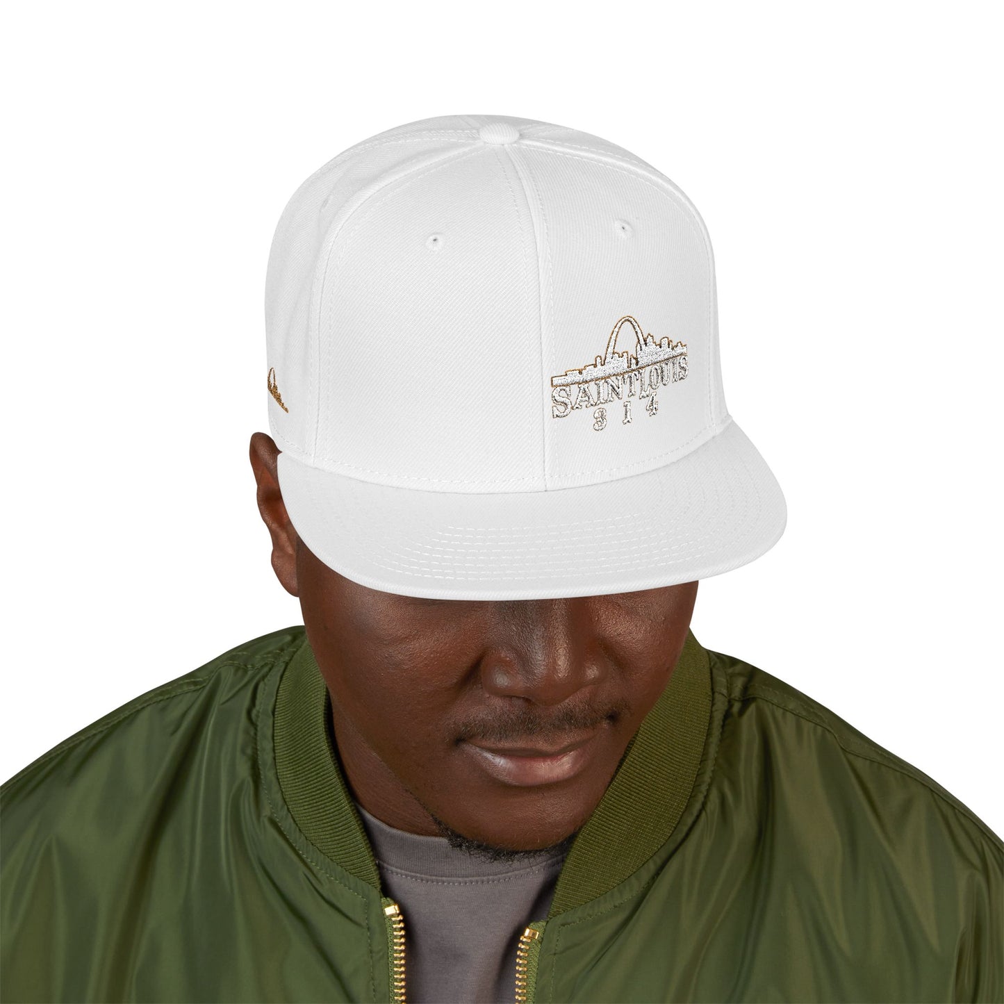 Embroidered Snapback Hat - Saint Louis - White and Gold Lettering Printify