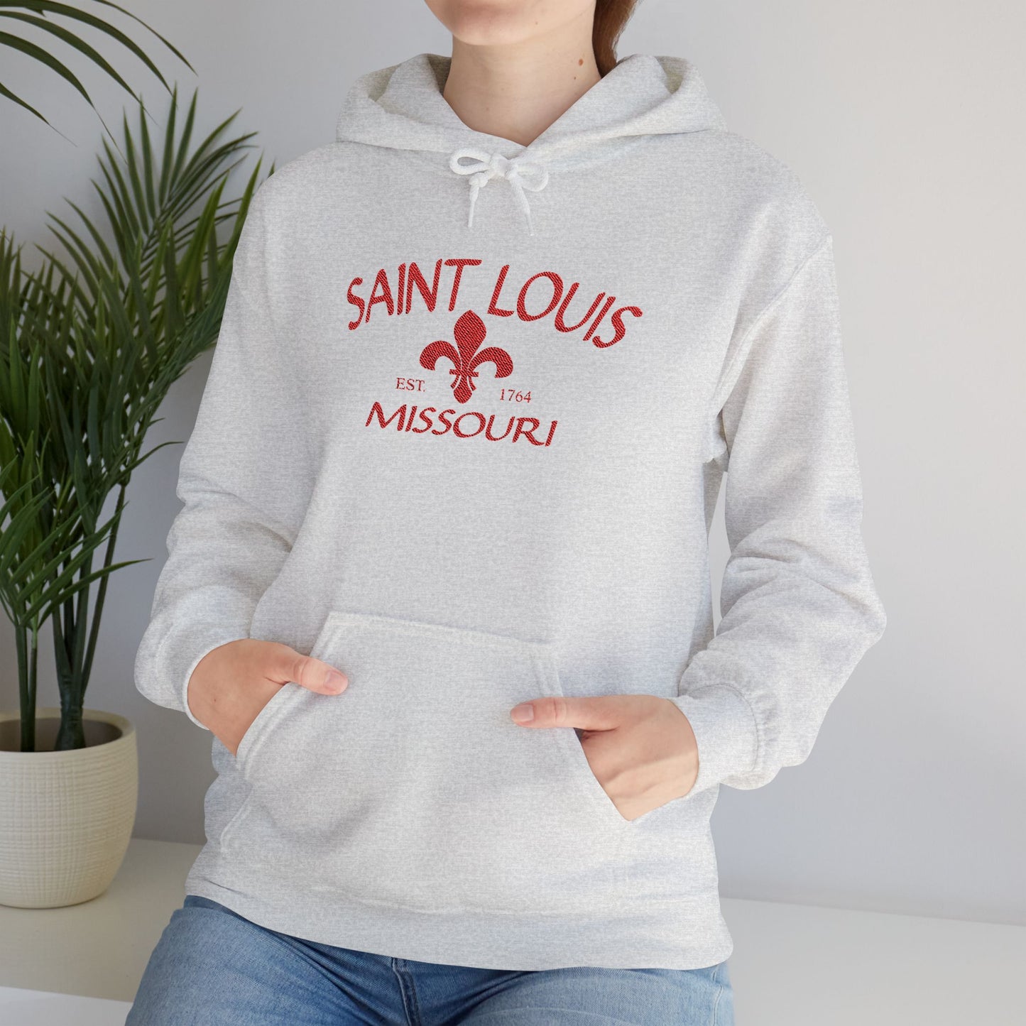 Saint Louis Missouri Embroidered Hoodie — Red Lettering