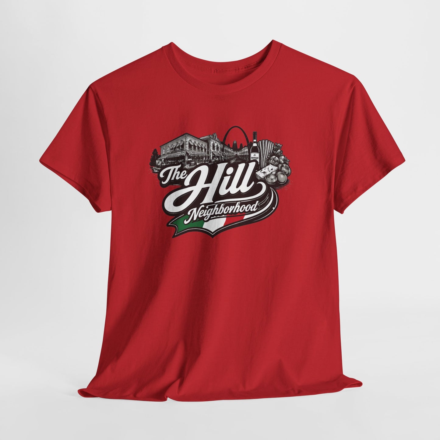The Hill Neighborhood T-Shirt — Vintage Cityscape Tee with Red, White & Green Accents
