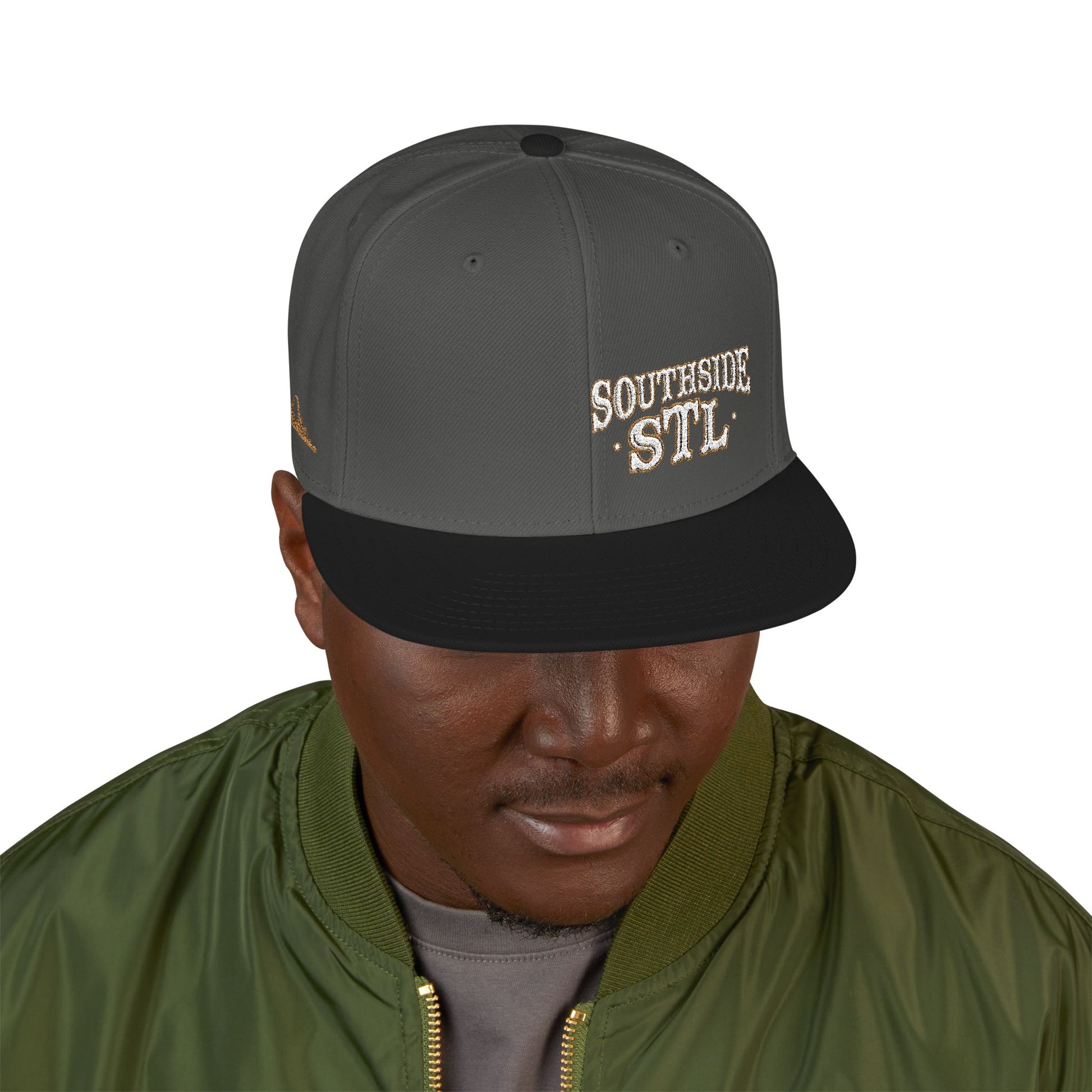 Embroidered Snapback Hat - Southside STL - White & Gold Lettering Printify