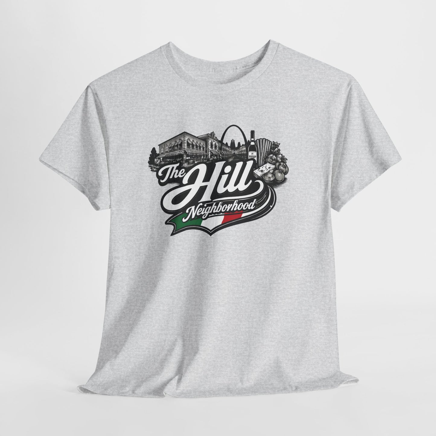 The Hill Neighborhood T-Shirt — Vintage Cityscape Tee with Red, White & Green Accents